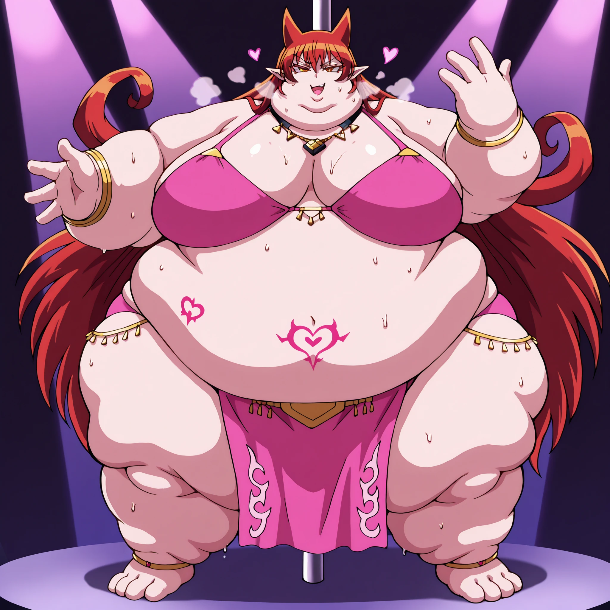 hair horns, curly hair, very long hair, hair between eyes, red hair, orange eyes, pointy ears, colored eyelashes,
sweating, wet body, smug, blunt bang, heart, \Dancer\pole dancing\vulgarity\evil smile\stomach tattoo\pink bikini top\pink pelvic curtain\collar\anklets\bracelets\necklace\),stage,spot light,dark, fat, chubby, obese, fat neck, multiple chins, big breasts open mouth, out of breath, Larger female, full body shot, only head, large head, oversized limbs, large hands, large feet, oversized feet, oversized fingers, big lips, plump lips, fat face, fupa, big fupa, fat fupa,