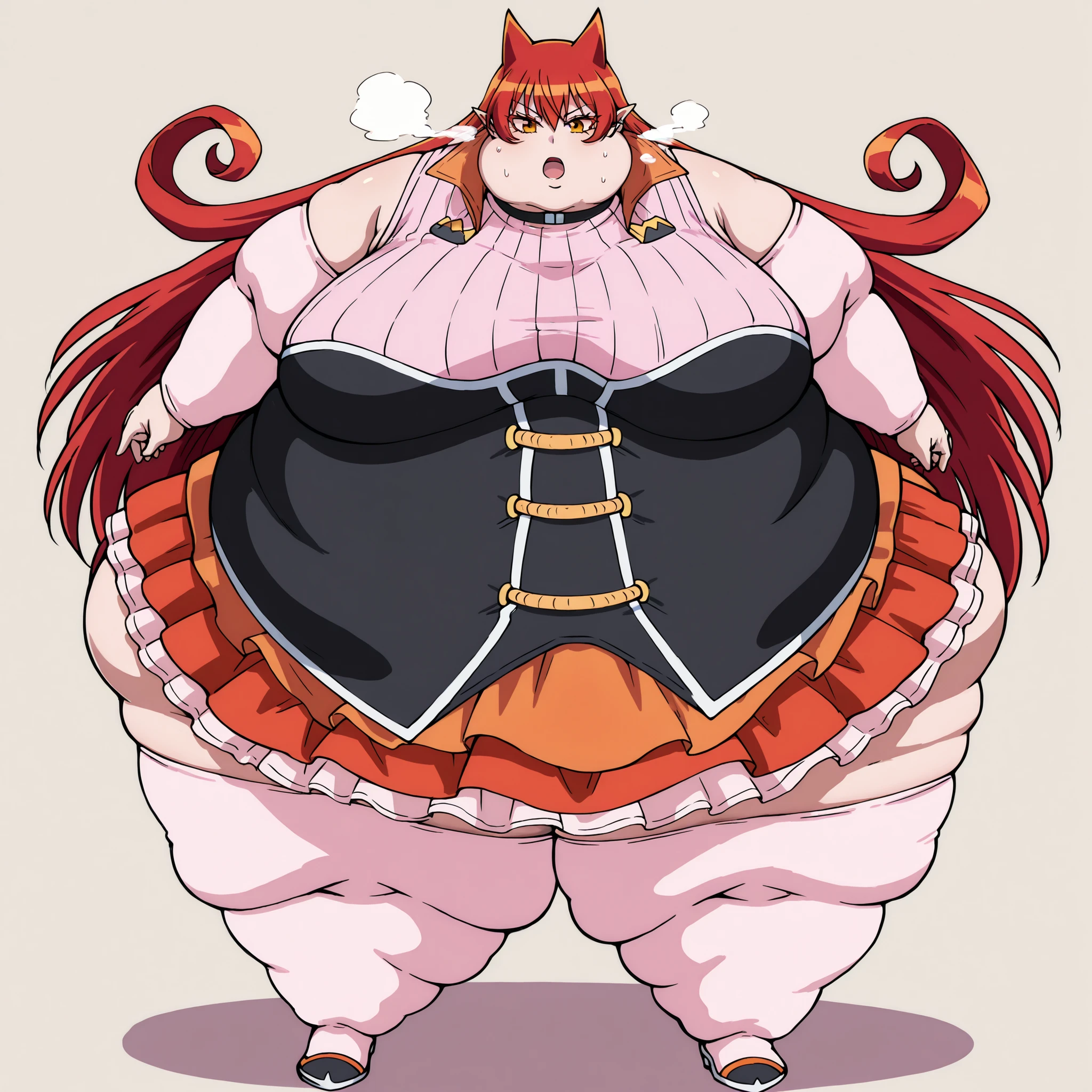 hair horns, curly hair, very long hair, hair between eyes, red hair, orange eyes, pointy ears, colored eyelashes, black choker, high collar, orange collar, turtleneck shirt, sleeveless shirt, ribbed shirt, pink shirt, black corset, detached sleeves, miniskirt, layered skirt, orange skirt, pink skirt, pink thighhighs, fat, chubby, obese,, large breasts open mouth, out of breath, full body shot 