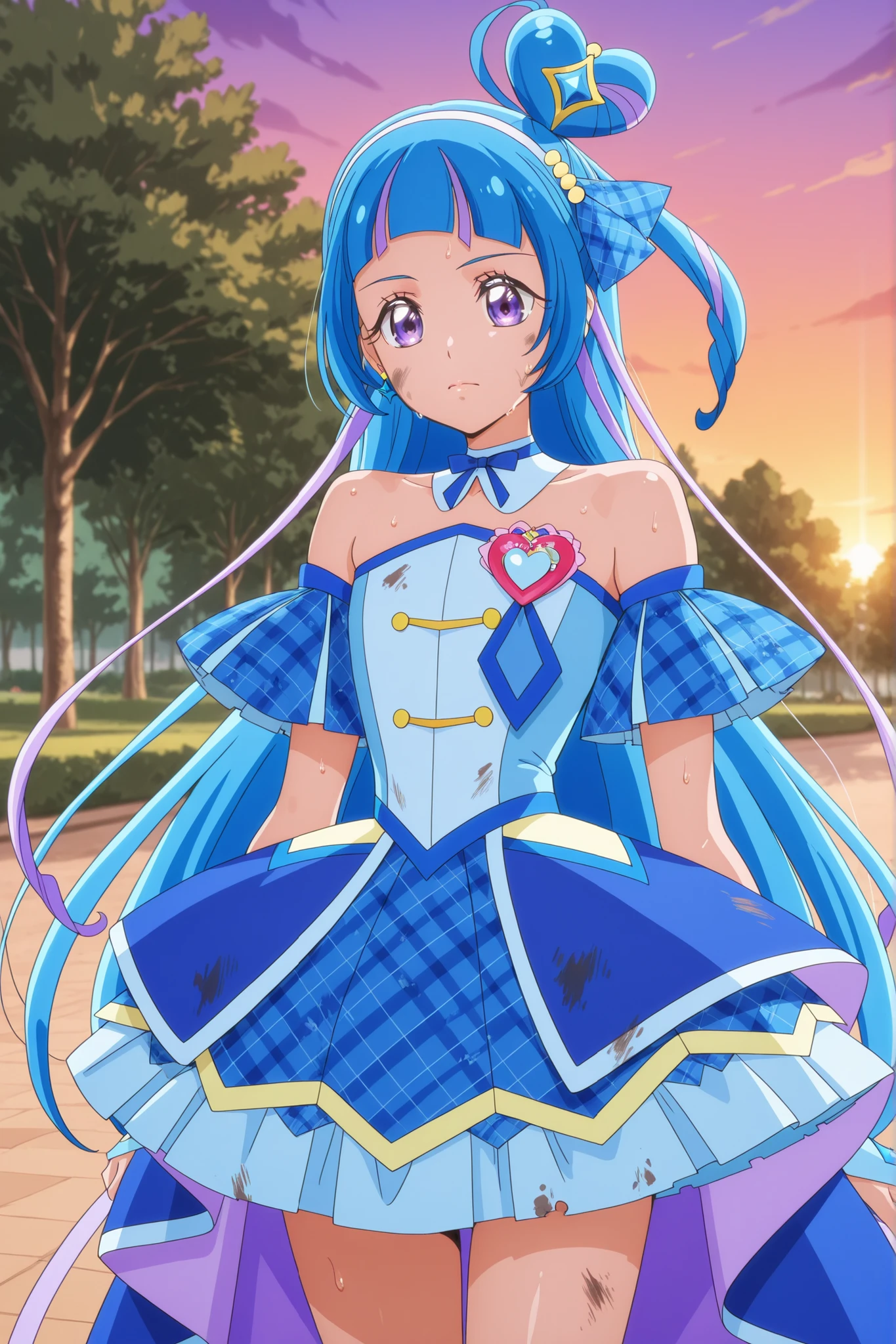 cure wink, kimi to idol precure, blue hair, magical girl, mini crown, purple eyes, blue dress, tilted headwear, very long hair, blunt bangs,  shoulders, hairband, two-tone hair, purple hair, jewelry, idol clothes, masterpiece, best quality, anime, source anime, illustration,idol heart brooch, thigh ,closed mouth ,glossy lips,standing,medium breast,cowboy shot,from front ,outdoor ,park background ,sunset, attention pose ,sweat , costume , face, serious 