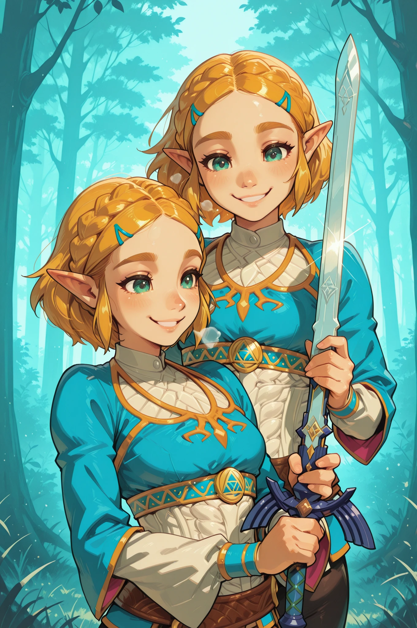 Androgynous elf, blonde, short hair, orange eyes, smirk, sorcerer, aventurer clothes, full body, Dungeon Meshi artstyle