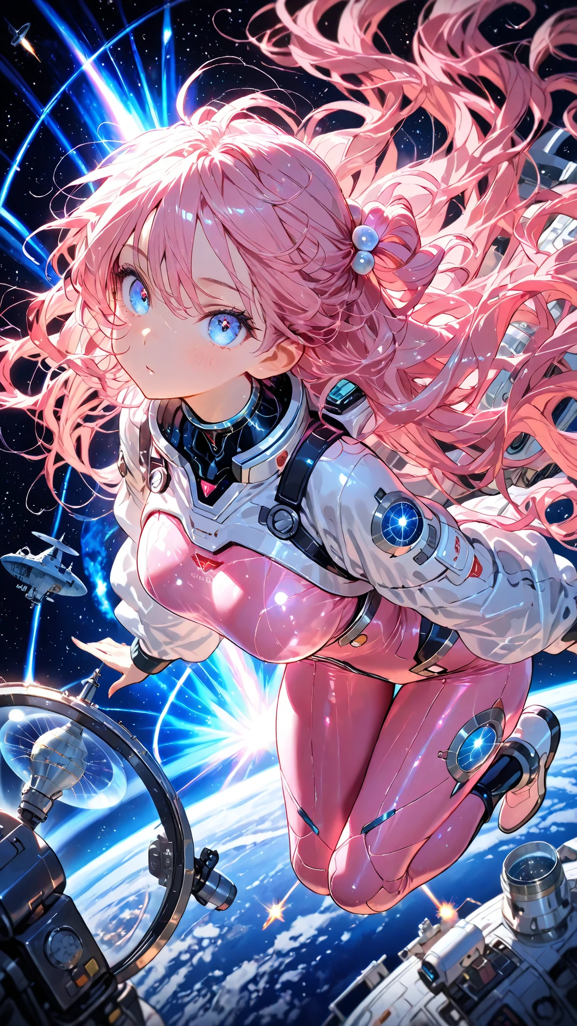 Masterpiece, fine trait, ultra detailed, best quality newest, 1girl floating to zero gravity in the space, very long long pink wavy pink hair,, nice anime glass blue eyes, satellite, comet, very detailed, turbo enhancement quality.