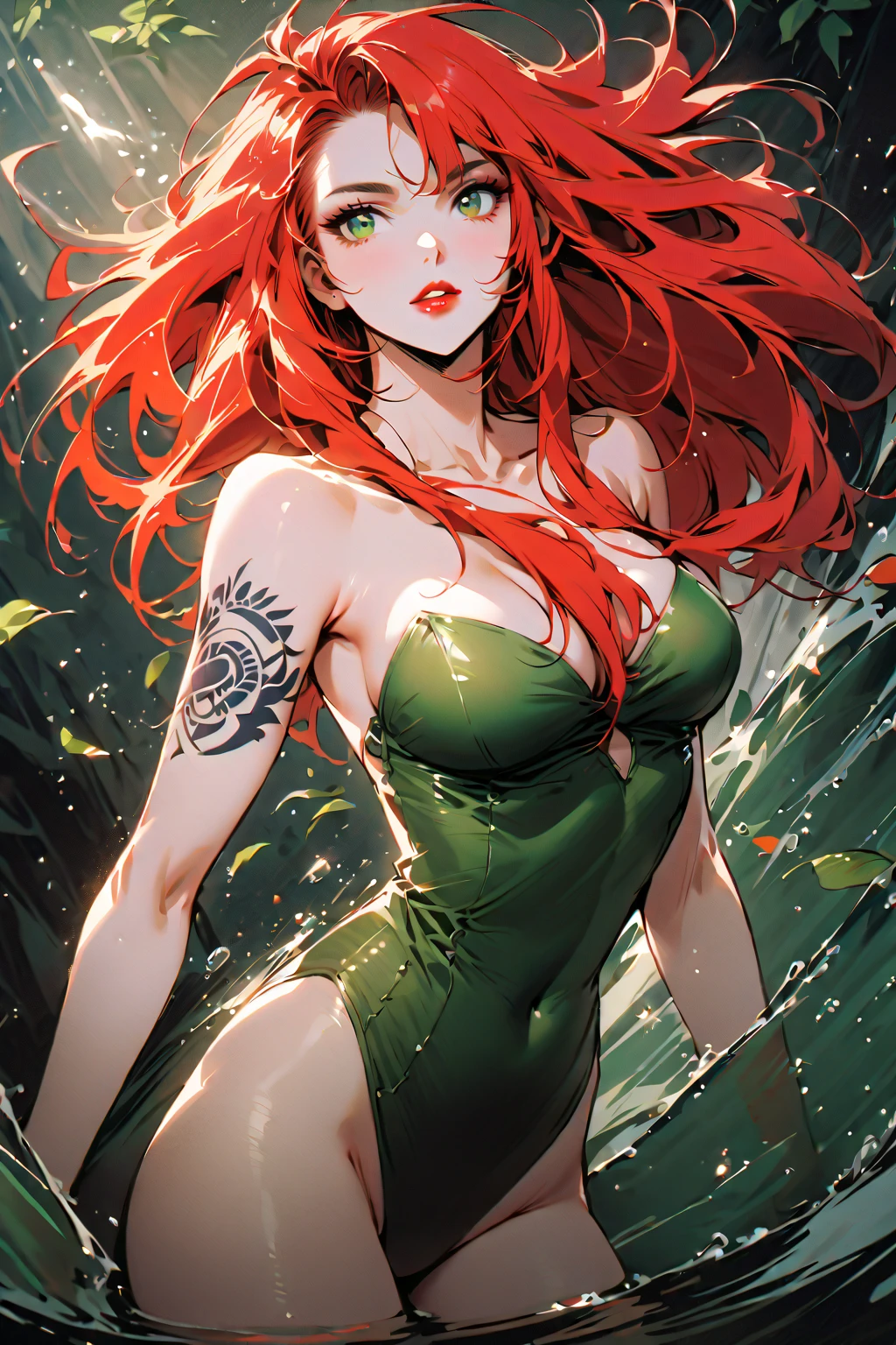 A girl with red hair and freckles, having short hair, captivating green eyes, and a thick build. Her appearance is further enhanced by a tiny stature and a big, well-defined buttocks, along with small, natural breasts. She exudes confidence and sensuality. In line with her carefree nature, she prefers not to wear pants, embracing her natural beauty. She proudly flaunts her hairy armpits and a similarly untamed, well-maintained bush around her private area. The overall image quality should be the best, with vibrant colors and sharp focus, capturing every single detail of her unique features. The art style should be realistic, enhancing the photo-realistic quality of the image. The color tones should be rich and warm, emphasizing the red hair and green eyes of the girl. The lighting should be natural and flattering, creating a soft and warm atmosphere around her.