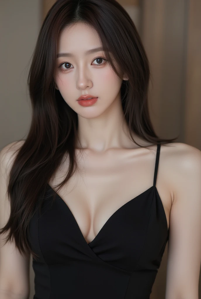 Best quality， masterpiece， Ultra-high resolution， （realistically：1.5）， RAW photos， Lovely， in the dark night， depth shadow， Low Tone， Cold Light， Sexy look,Shoulder length straight bob hair,Slim，Cleavage