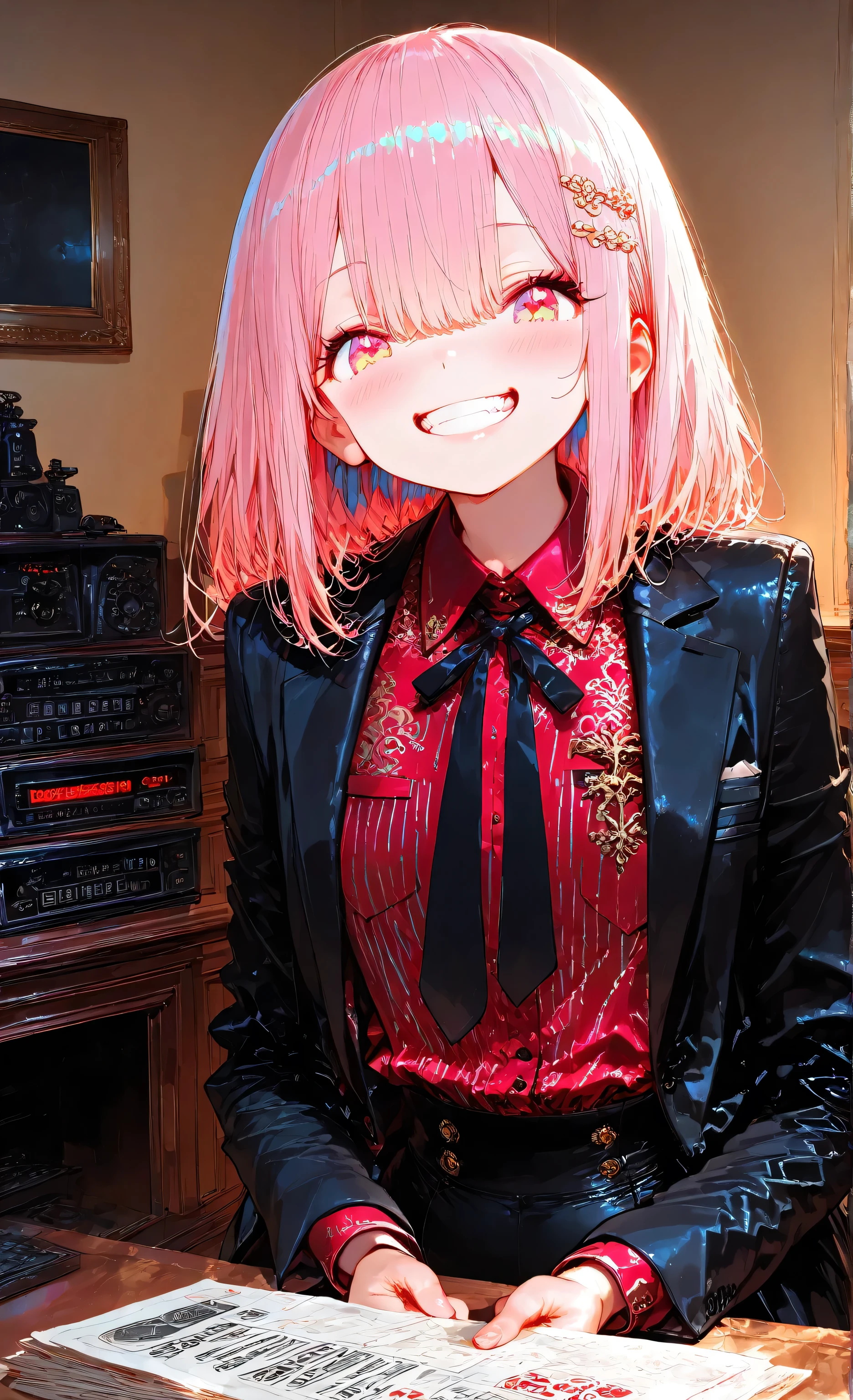 masterpiece, high quality, ultra-detailed, charming woman with naturally cute features in perfectly tailored black suit with red pinstripes, bright doe eyes that appear trustworthy while planning tactical advantage, adorably petite stature belying dangerous capabilities, sweet smile with perfect teeth hiding shark-like business instincts, medium-length hair with cute hairpin contrasting with serious business attire, wearing impeccably tailored black suit with red pinstripes creating memorable visual impact, sharp outfit with silk blouse and single statement ring, confidently counting large stack of cash while maintaining cheerful expression, suit thug concluding illegal transaction with disarming cuteness, raw strength evident in the respectful distance maintained by bodyguards despite her adorable appearance, luxury penthouse setting with premium furnishings and impressive city view, evening lighting creating dramatic contrast between cute appearance and serious business, atmosphere of deliberate cognitive dissonance in her presentation, beautiful woman whose cute appearance serves as perfect cover for ruthless operations