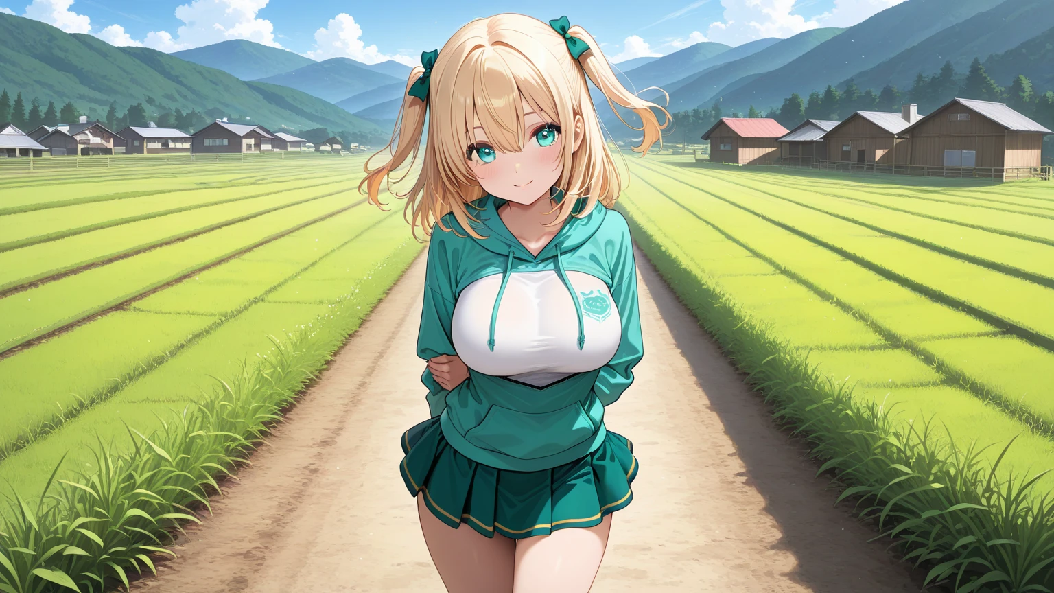 mastute piece,Best Quality,insanely detailed,8k cg,nsfw,
(shoot upper body:1.3),
(1girls:1.3),standing,looking at viewr,body in front,both arms behind back,(Snowboarding Wear),(bare )
break,
blush,shy,(trembling:1.2),(Green Hair:1.4),Twin tail hair、
break,
perfect breasts,perfect teats,(open mouth:0.9),(:1.2),
Ski resort,Slopes，