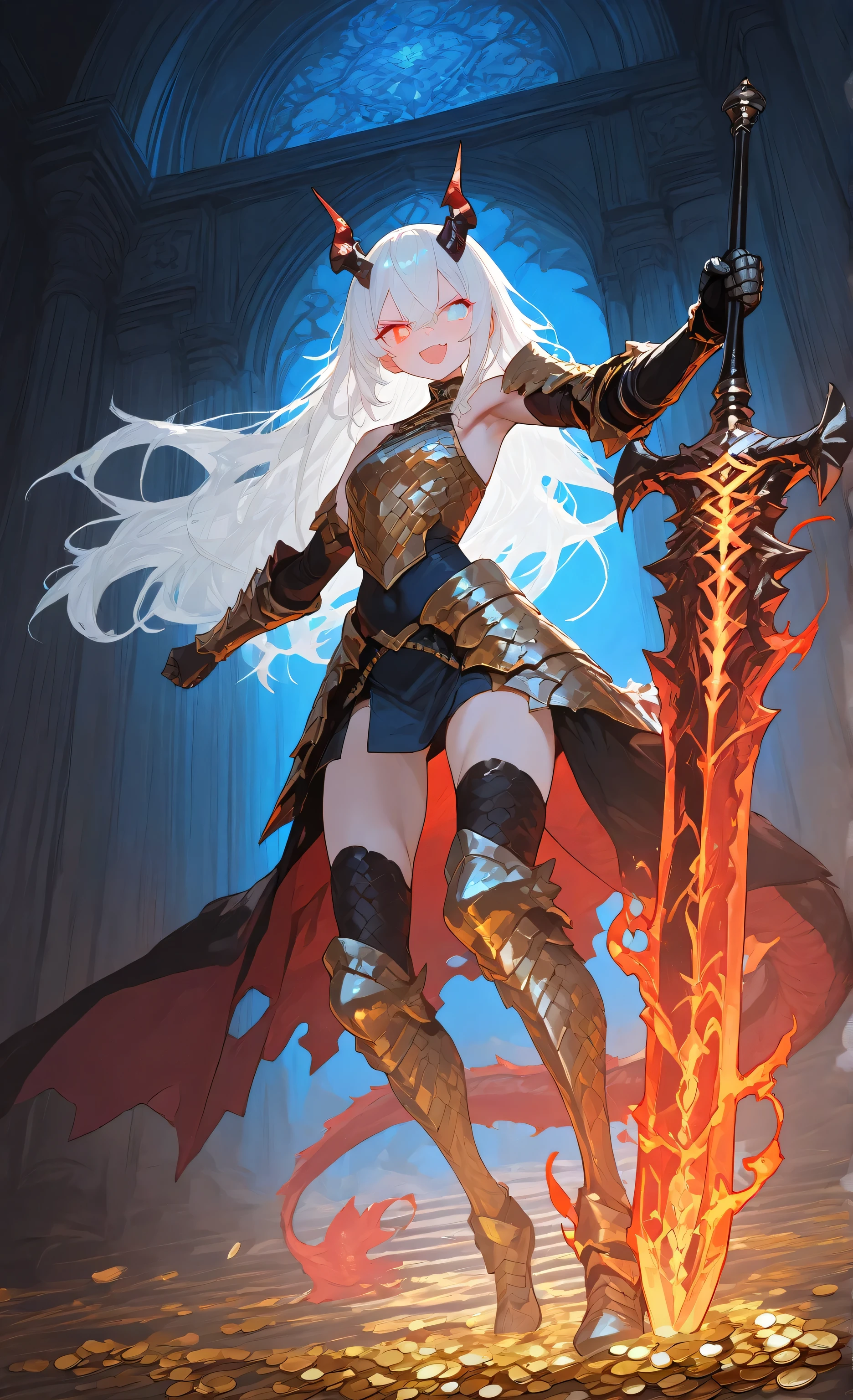 masterpiece, high quality, 8k wallpaper, adorable dragon knight with innocent face but draconic power, hip-length silver-white hair with scaled sections resembling dragon features, heterochromatic eyes (one blue, one gold with dragon pupil), heart-shaped face with subtle scale patterns at temples, athletic build with defined muscles, wearing unique dragon-scale armor forged from fallen dragon ally, armor pieces shaped like dragon scales that move slightly with her motion, partial transformation showing small draconic horns and clawed gauntlets, dragon-themed greatsword with ember-breathing dragon hilt, dynamic pose mid-dragon-fire enhanced sword swing, body perfectly balanced despite massive weapon, face showing contrast of cute features with draconic fury, ancient dragon hoard dungeon with mountains of gold coins and treasures, dragon skeletons decorating walls, magical artifacts scattered among wealth, partially melted stone from previous dragon battles, dramatic lighting from magical flames creating ethereal glow across innocent face contrasting with devastating draconic combat power