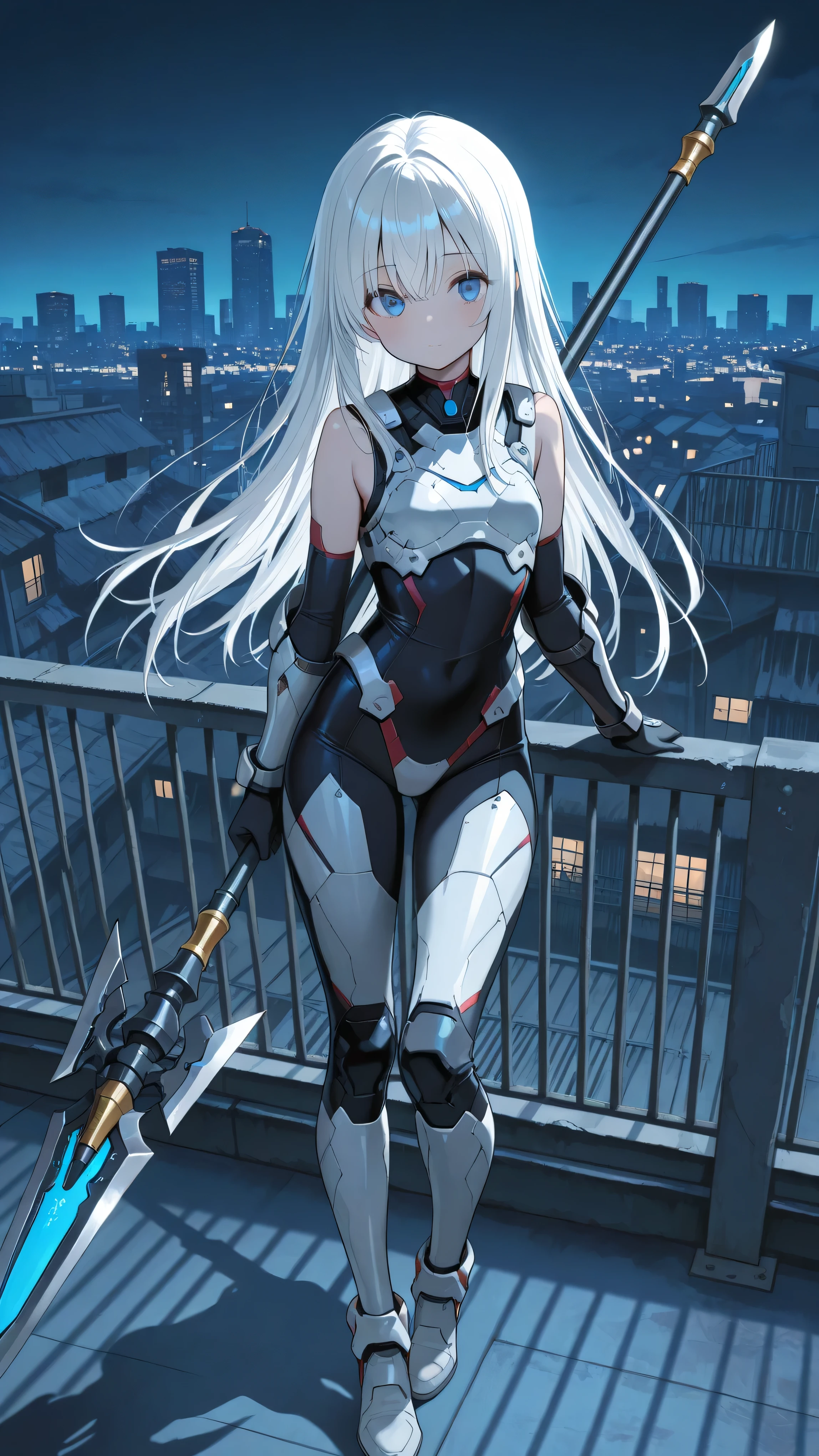 masterpiece, best quality, photography, ultra high resolution, faded color, an anime girl, cute face, armored girl, slender body, clear skin, mechanical spear, spear aimed, targeting using spear, (Hold the spear with one hand), blue eyes, absolutely white hair, long hair, straight hair, battle suit, combat armor, high-leg, sleeveless, bodysuit, rooftop, rooftop fence,  urban, slum, night, night time, shadow, detailed eyes, cute eyes, skyline, skyscraper