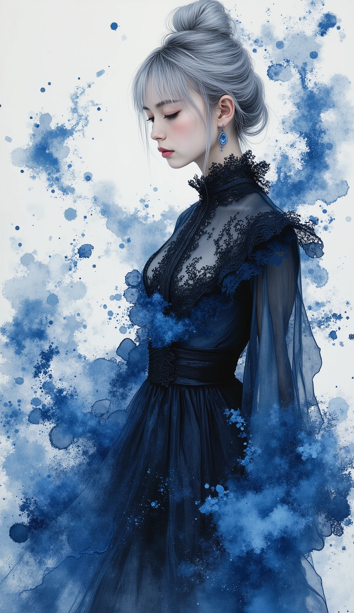 a photorealistic sumi-e illustration with digital illuminate crystal clear sapphire oil, monochrome with emphasis on digital illuminate sapphire blue, stylish angle, surrealism.
a scrawny petite delicate thin 14yo slim girl, She is a genius tailor of Victorian era who weaves people's memories and emotions into clothes, which memories and emotions are made of digital illuminate crystal clear sapphire oil.
she is wearing an abstract blue super sheer lacy tailored jacket on black lace shirt, with an unbuttoned low-rise slacks of super sheer lace. its jacket and unbuttoned low-rise slacks are made of digital illuminate crystal clear sapphire oil. its sapphire oil is abstract haze yet elaborate sheer lacy liquid, elegant yet digital, chaos construction yet geometric fractal.
surrounded by the abstract haze of digital illuminate crystal clear sapphire oil, she spins collecting its abstract haze as people's memories and emotions into her clothes, as a genius tailor. It was a surreal scene.
she is pale silver hair, hair bun, no makeup, pale fairy skin, super skinny, skinny lower abdomen, sapphire blue eyes, elaborate sliver earrings.
She who drawn in sumi-e rendered in fluid sumi-e brushstrokes with dense black like the abyss washes bleeding into translucent grays. the form elongates in dynamic sweeps across a void background.
a contrast between monochrome sumi-e and the digital illuminate sapphire blue is an impressive accent. this is ethereal, picturesque, photorealistic, artistic, poetic, dreamy, ephemeral, spiritual, mysterious, mystical, artisanal, alluring, vixenish. stunning light expression, hyper photorealism, Highest resolution, innocence, neat and clean, masterpiece.