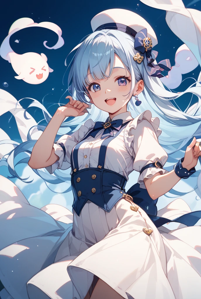 32k, best quality, ultra-detailed, high resolution, perfect , head on, cute girl, cute dress, cute hat, cute smile, colorful butterfly background, 