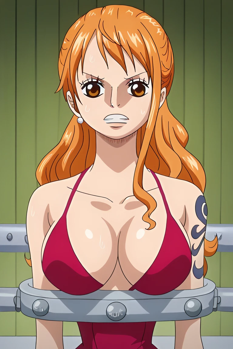 Yamato_\(one_piece\), 1girl, solo, standing, (?????????????), orange, (white ??????_top), oni, cleavage, embarrassed, smile,  shiny_skin, cowboy_shot, beach, ?????????????, arms_behind_back,