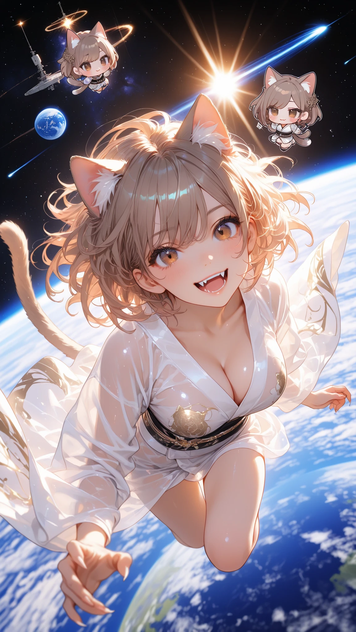 fine trait, fine traits, masterpiece,detailed_eyes,high_quality,best_quality,highres,subject_focus,depth_of_field,dynamic lighting,dynamic angle,detailed_eyes,seethrough clothes,realistic,breasts,clear skin,natural skin,Charming and delicate big anime eyes,brown eyes,Charming cleavage,atmospheric perspective,perfect anatomy, fine trait, best quality, ultra detailed, 1girl-goddess neko (kimono neko girl), cat tail, smile with fangs, claws, dynamic pose, floating in air, zero gravity, in the space, in background, big Earth, satellite and comets, very detailed, (chibi:1.5)