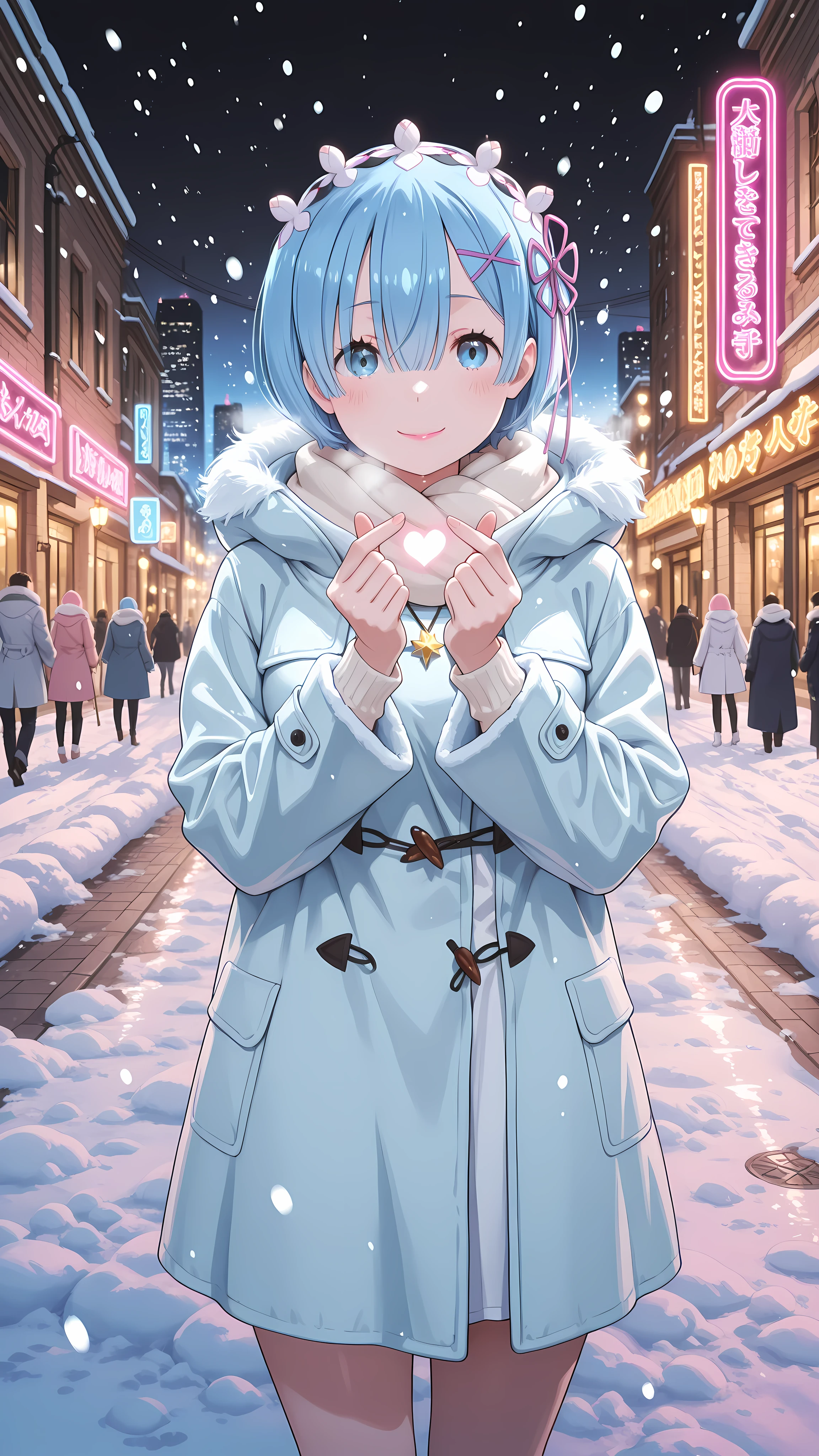 Girl,[Re:ZERO] Rem,blue eyes,Short icy blue wool coat with soft white stripes, a simple light blue winter dress under the coat, thigh, a small necklace, a small snowflake-shaped headband, soft pink cheeks, light pink lipstick, a simple eye gloss that gives a cold sensation,smile,Finger heart,confident stance, standing in a snowy city street at night, neon lights twinkle and reflect on the wet pavements, snow falling gently, cold winter, city skyline in the background, streetlights glowing softly, winter atmosphere