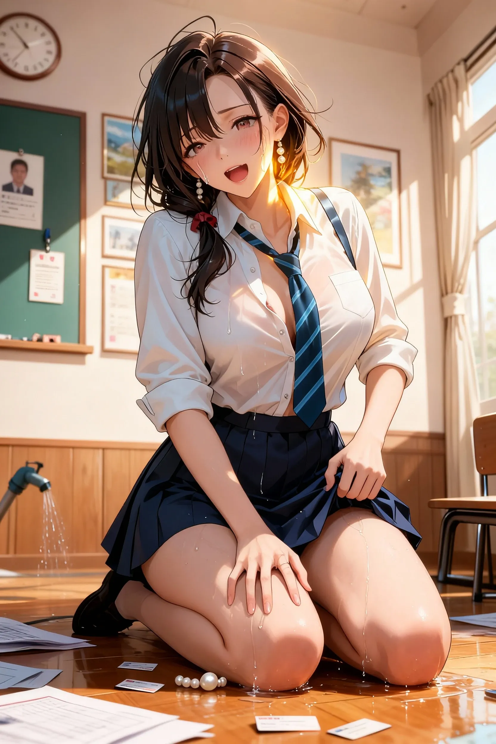 from the front, From below, White shirt, Grey pleated skirt, White socks, Loafer shoes, Medium brown hair, blue eyes, Sit on your knees, River bank, smile、17 year old female、Sexy proportions、Sexy、Narrow waist、Rainbow Hair((rainbow hair))、