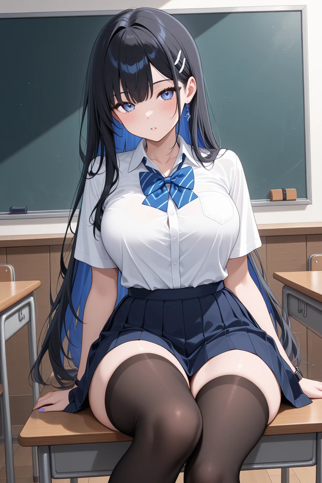 ((highest quality)), ((masterpiece)), (detailed), One girl, Black Hair、Semi-long hair、Asymmetrical bangs、In a suit、Big ????、Sweating、Tired face、Within the company、Sitting at a desk、Loosened tie、????????? open、????????? is visible、Lace ?????????、Square silver glasses、Dark Eyes、Exposing cleavage、Crying、Tears flowing、Thick thighs、With ??????????、