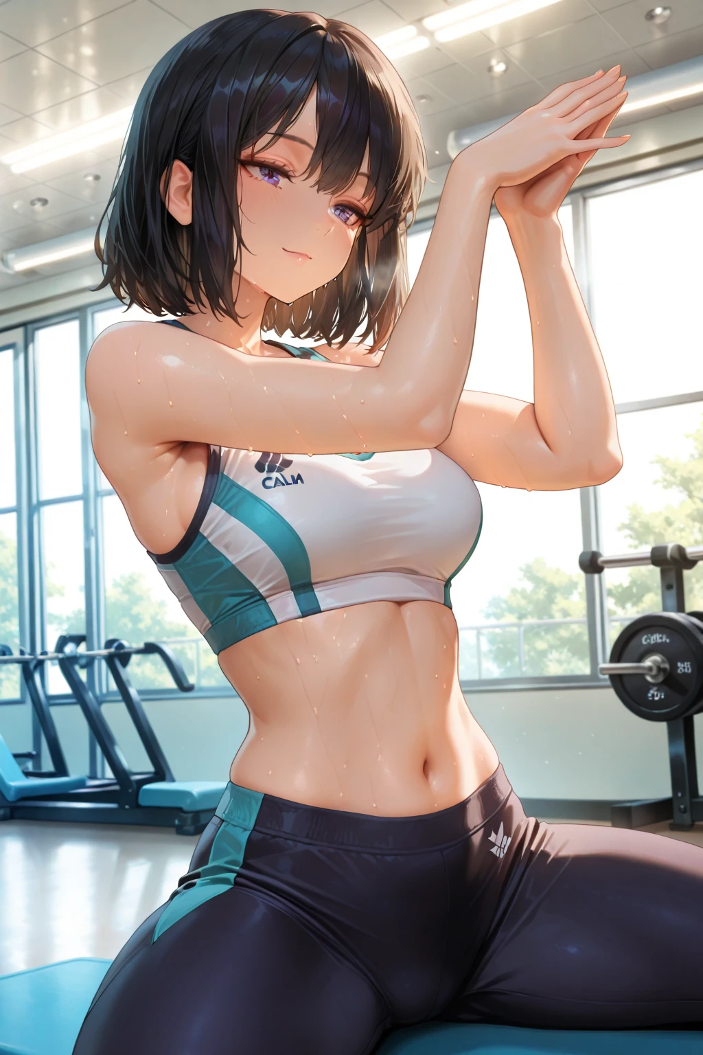 1 girl, a sexy female, green eyes, bob hair, wearing glasses, wearing gym clothes, sixpack, realistic, high detail, dramatic, full body, ultra Hd, Ultra realistic