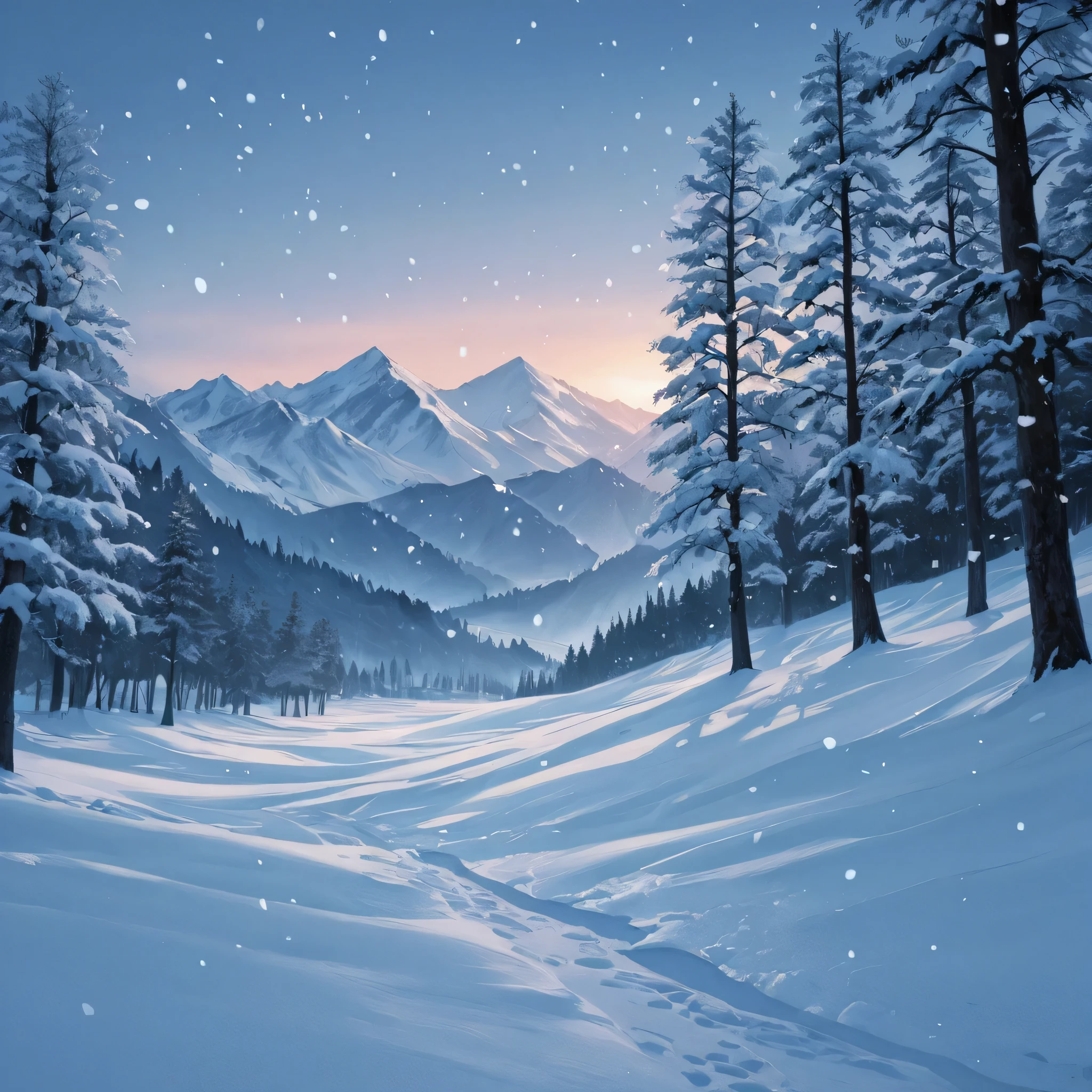 Highly detailed field covered in snow, falling snow, cold lighting, anime style, mountains in the background, trees
