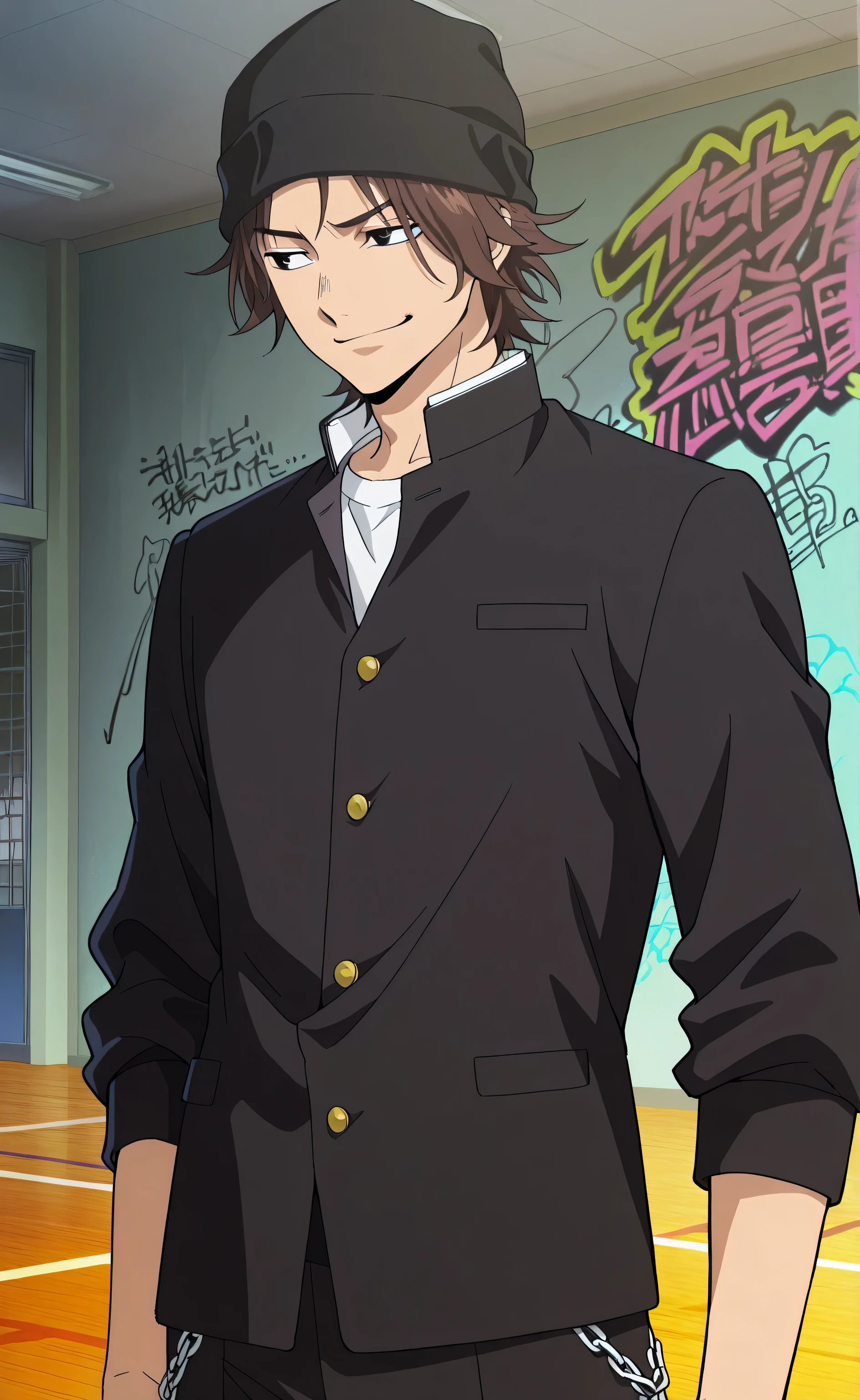 1male, solo, Yata Misaki, brown hair, short hair, black eyes, beanie, smirk, white shirt, gakuran, chain pants, muscle, school, gym, graffiti, male focus, look at the view, Kaoru Hana wa Rin to Saku
