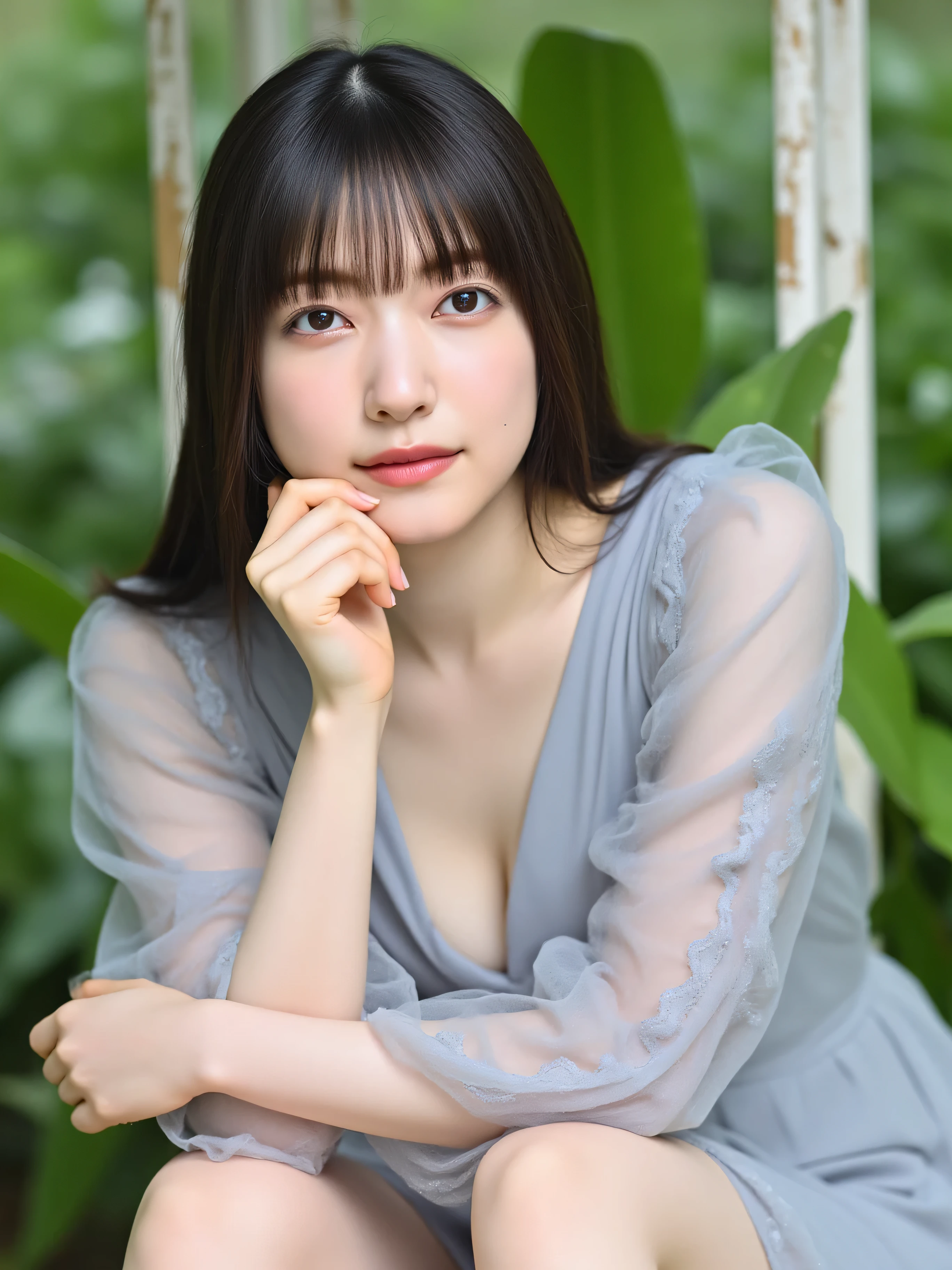 Facial close-up, This is a photograph of a young woman with long, straight, hair, styled with blunt bangs. She has fair skin and a delicate, youthful face with subtle makeup, including light pink lipstick. Her eyes are soft and brown, and she has a gentle, serene expression. She is wearing a deep V-neck, light gray dress with sheer, lace-trimmed sleeves. This dress is very short, exposing her thighs. The dress has a delicate, flowing design that adds to the overall ethereal quality of the image. This dress has long sleeves, and slightly puffed, adding to the soft, feminine aesthetic of her outfit. The woman is seated with her left hand resting on her cheek, her elbow propped on her knee, and her right hand gently placed on her left knee. Her posture is relaxed and slightly tilted towards the camera, creating a sense of intimacy and connection with the viewer. The background is blurred, featuring lush green foliage and a white, weathered wooden structure, suggesting an outdoor setting in a garden or natural environment. The overall mood of the photograph is calm and serene, with a focus on natural beauty and simplicity. Close up, exquisite face, detailed skin details.