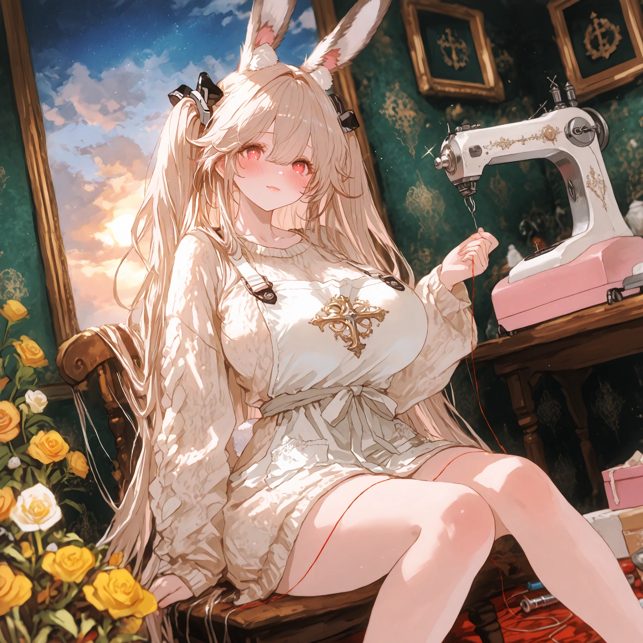 vks2023,sweater,score_9, score_8_up, score_8,rating_safe,(1girl ), 

Anchorage (Azur Lane) , covered ultra enormous huge breasts 
,a breathtakingly beautiful woman with long white rabbit ears and silky white fur on her arms and legs, seated gracefully at a vintage sewing machine, sewing a delicate white dress in a whimsical atelier inspired by the picture book “My Dress”, ultra detailed, 8k, masterpiece, soft pastel lighting, warm spring tones, cinematic and dreamy atmosphere

her face is fully human and exquisitely beautiful, with smooth porcelain skin, large expressive eyes filled with quiet joy and gentle focus, long delicate lashes, faint blush on her cheeks, full glossy lips slightly parted, an expression mixing serene concentration and soft happiness, no animal features on her face

her body is slender and feminine, dressed in a light apron over a flowing pastel garment, her posture relaxed yet graceful, one hand guiding the fabric, the other adjusting the machine, long legs crossed elegantly, tail barely visible beneath the chair, overall silhouette sensual but modest

the sewing machine is antique and charming, black metal with golden floral engravings, placed on a wooden table surrounded by sewing tools: scissors, thread spools, fabric scraps, and a pink box of supplies, all arranged with gentle clutter that evokes warmth and creativity

the white fabric she sews glows softly, flowing like moonlight, subtly shimmering with hints of floral patterns and magical sparkles, suggesting the dress is woven from dreams and memories, the fabric trailing across the table and onto the floor in gentle folds

background is a soft green wall with floating pastel motifs: flowers, clouds, and tiny stars, shallow depth of field, golden ratio composition with her human face and the glowing fabric as dual focal points, atmosphere whimsical, nostalgic, and deeply beautiful