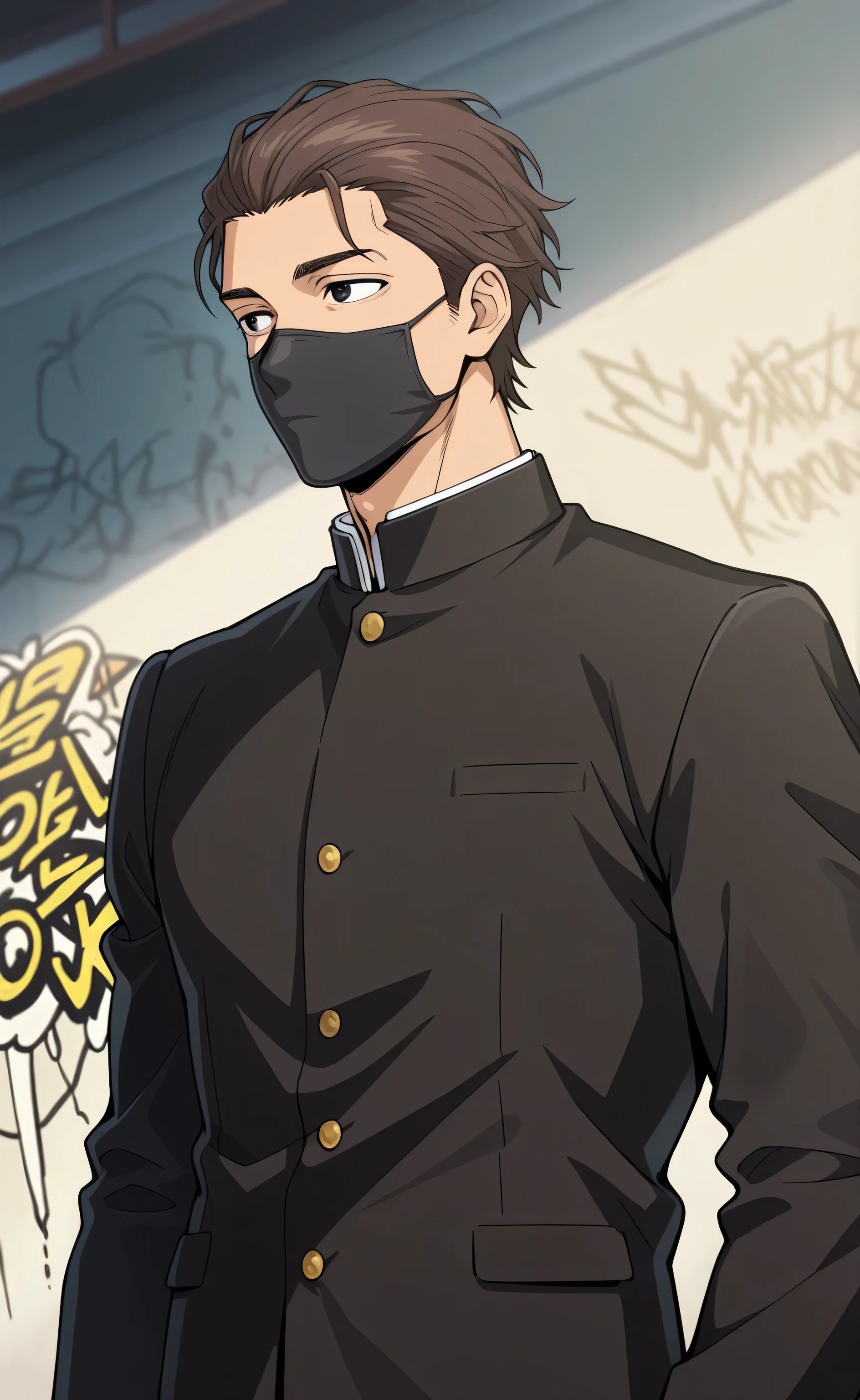 1male, solo, brown hair, slicked back hair, short hair, black eyes, Black masks, gakuran, muscle, school, graffiti, male focus, look at the view, Kaoru Hana wa Rin to Saku