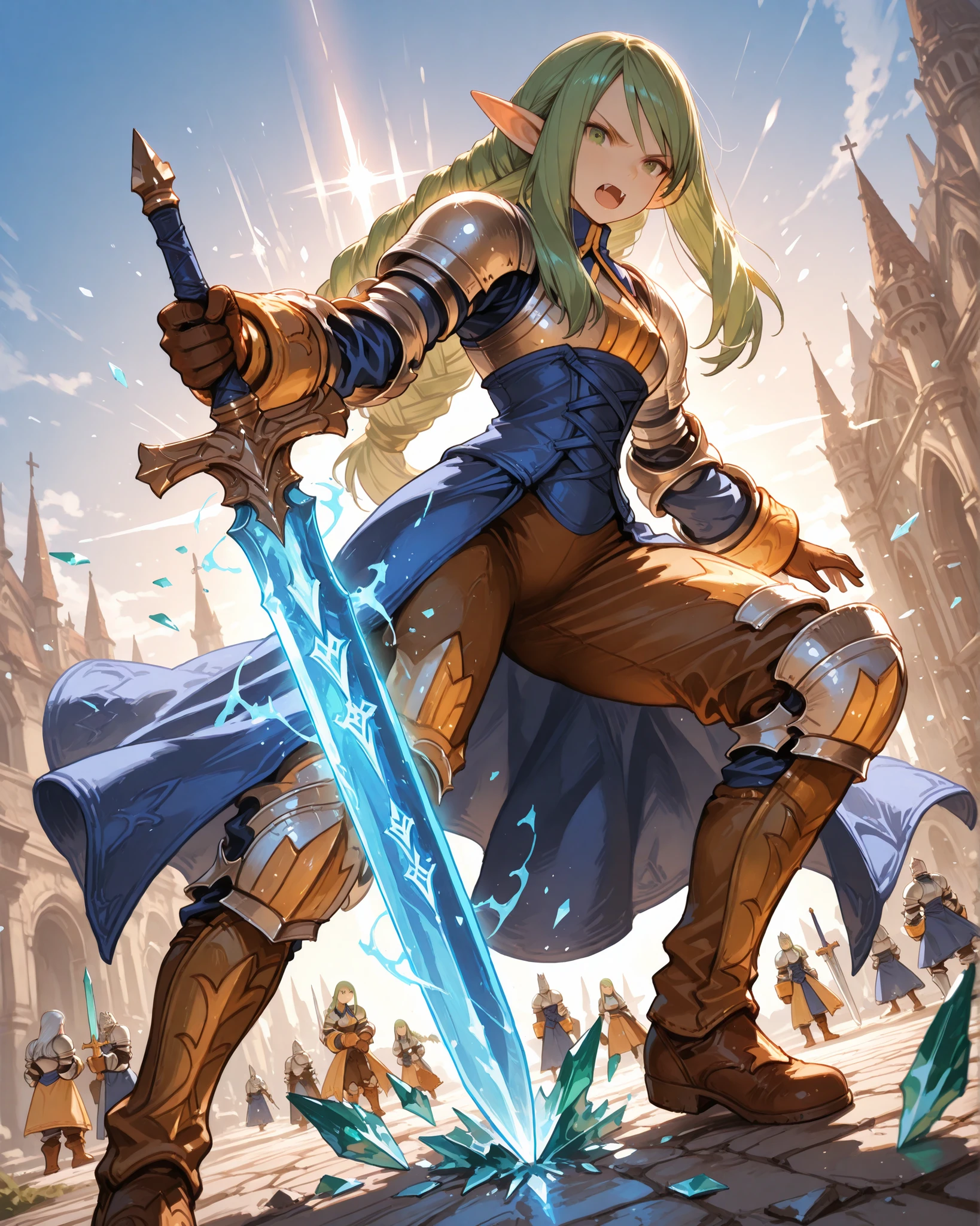 armor, shoulder armor, blue dress, blue corset, elbow pads, long sleeves, brown pants, brown gloves, knee pads, brown boots,female knight character inspired by Agrias Oaks from Final Fantasy Tactics, reimagined as an original character with long flowing emerald-green hair, bright green eyes, long elf ears, and small vampiric fangs. Wearing ornate golden armor with intricate holy engravings, layered over a flowing blue and white holy knight robe. Shoulder plates large and regal, cape split and fluttering. She wields a large sacred sword with glowing ice-blue runes. Dynamic action pose, low camera angle. She strikes the ground with her sword, unleashing a holy ice attack. Massive crystalline ice shards fall from the sky, dramatic lighting, blue magical energy erupting from the impact. Hair and robe blown by the force, intense expression. Cinematic composition, high detail, fantasy aesthetic, Final Fantasy Tactics style, epic atmosphere.