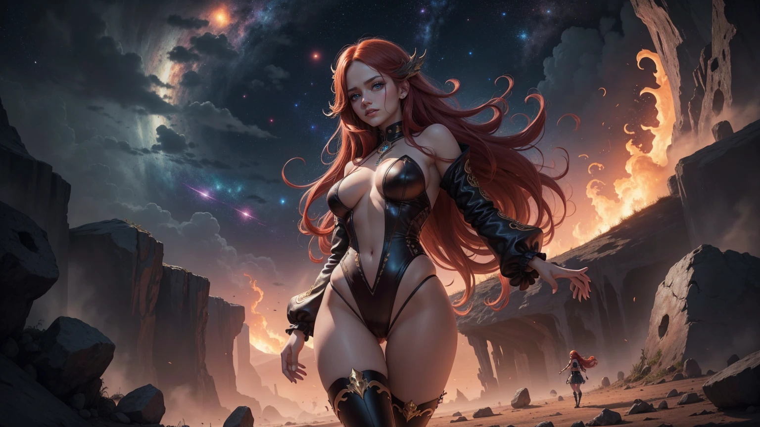 (Masterpiece, Top Quality, Best Quality, Official Art, Beautiful and Aesthetic: 1.2), (1 Girl),  and Alluring, , Shapely Figure, Stunningly Beautiful,  Symbol, (High Contrast Lighting, Cinematic), Red Lipstick, Curly Blonde Hair, Cleavage Exposed,  Pose, Long Eyelashes, Smoky Eye Makeup, (Golden Halos, Halo Effect), Radiant Skin, Hyper-Realistic, Detailed, Sultry Expression.