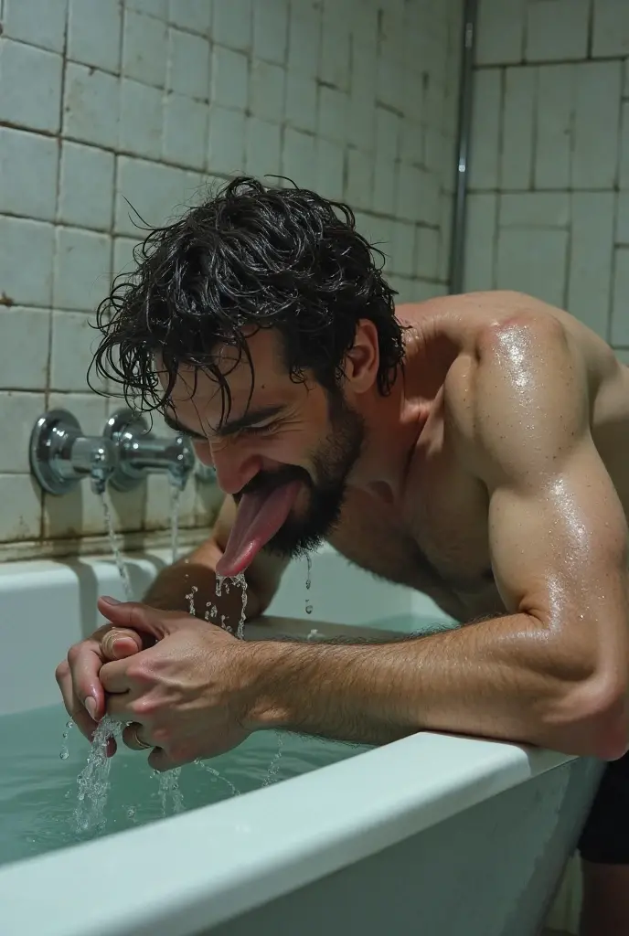 bearded woman, armpit hair, hirsute body, sticks out tongue in bathtub