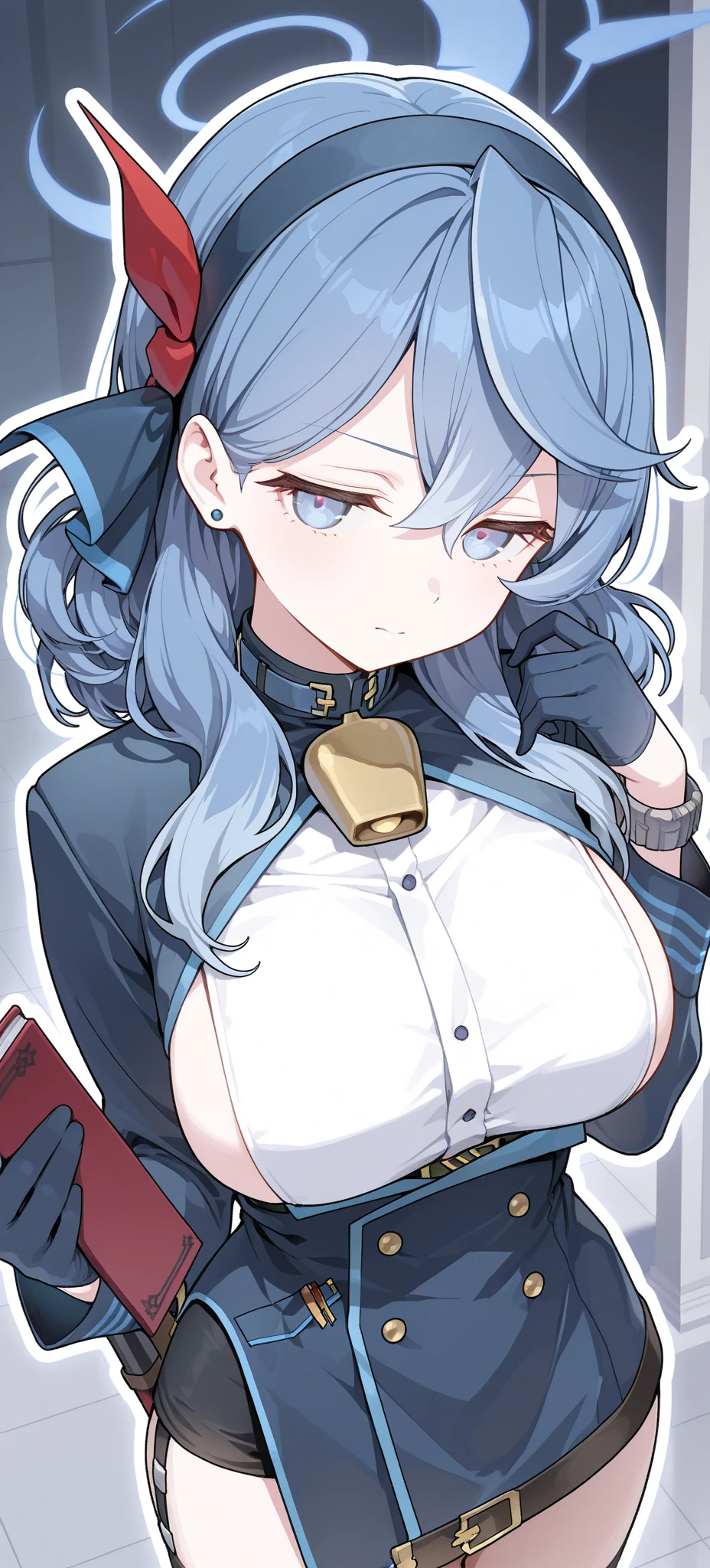 kanna(blue archive),1girl,solo,halo,super huge breasts,looking at viewer,near,standing up,in room