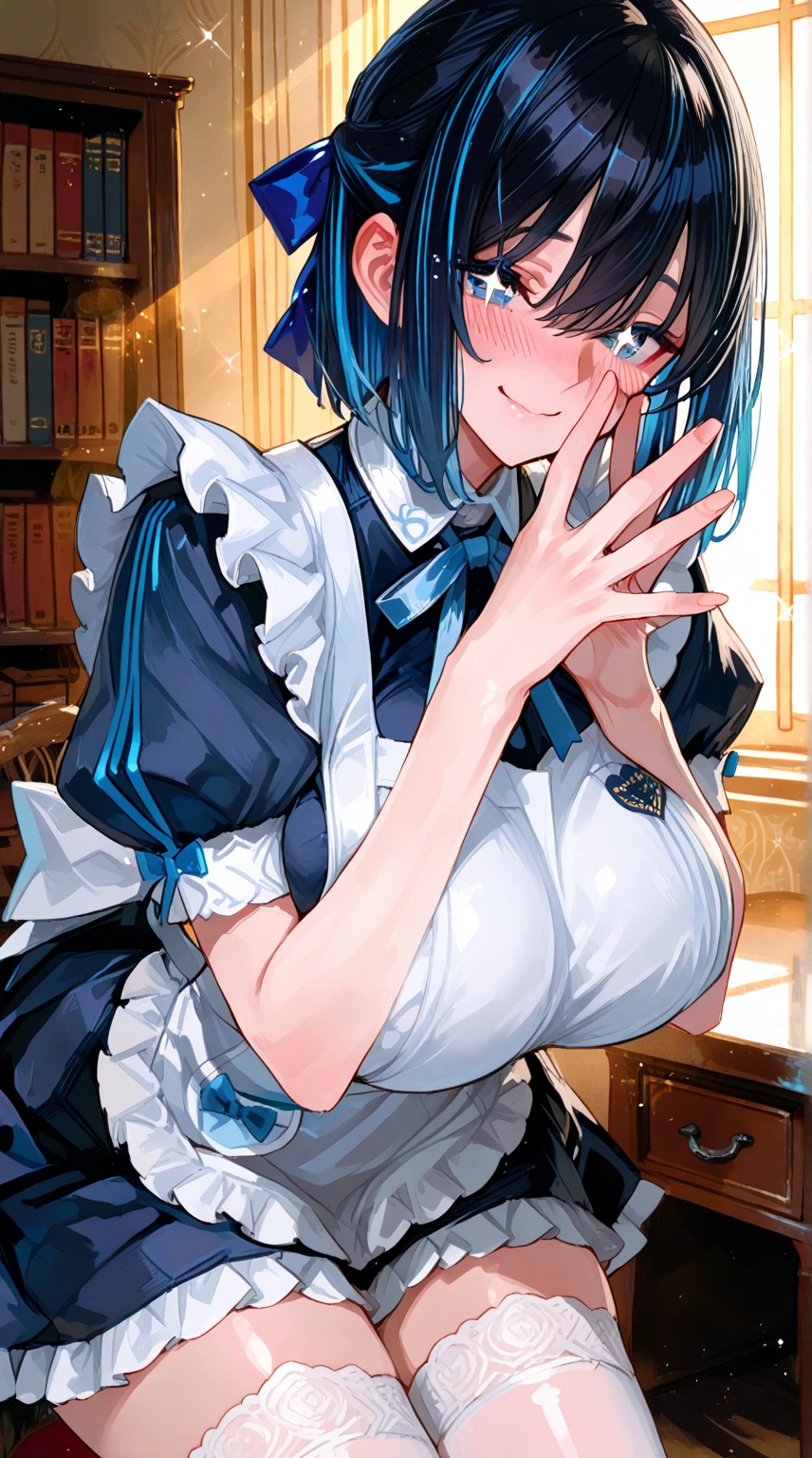 ((masterpiece)), (best quality), (detailed), (1girl), blue hair, blue eyes, updo, white shirt, black dress, looking down on the audience