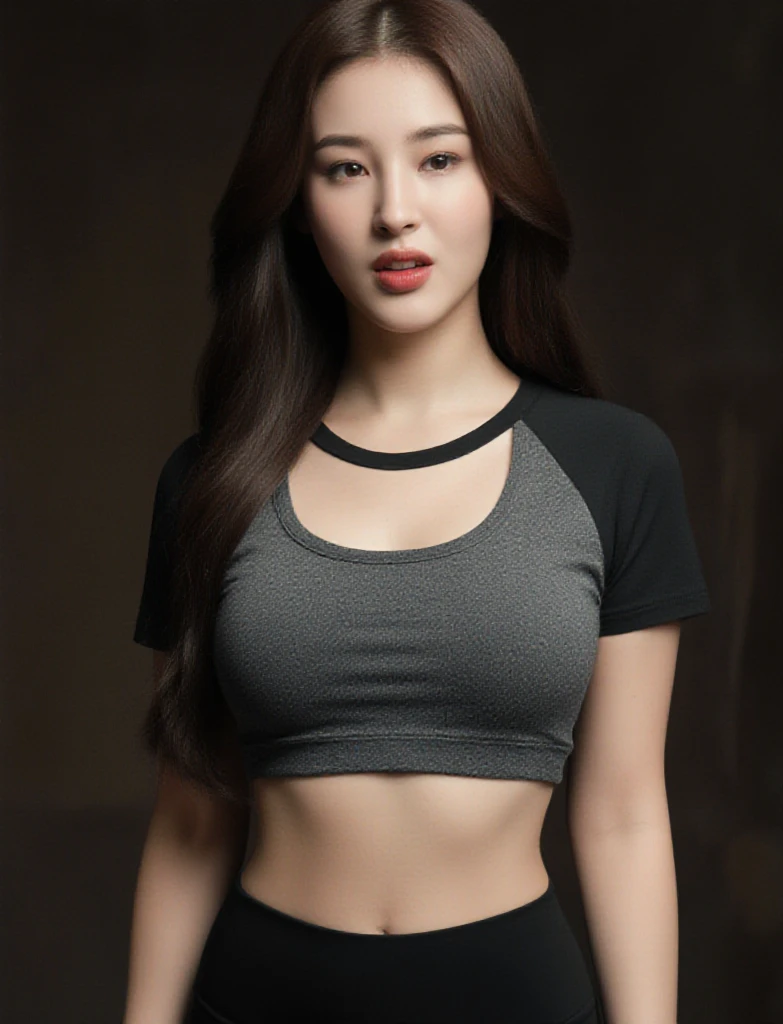 Very detailed、masterpiece、highest quality、Ultra-high resolution energy A、8K High Resolution、Transparency それ looks great in photos、Detailed eyes、Gradation、Perfect anatomical figure , Nikon Z9 80mm Lens, Beautiful posture、yes、Thin eyebrows、Detailed eyes、Detailed nose、Mouth Details、Fine ears、Golden ratio face、(from the front)、(Curvaceous)、(Ideal ratio)、(A woman wearing an Adidas sleeveless sweatshirt:1.8)、(Shorts、High Leg:1.8)、(、Accentuate your 、belly button、Waistline:1.8)、(smile、plump lower lip、Pink Lips:1.3),(Accentuate your thighs:1.6)、(Black Hair、Blunt bangs, Bowl cut、Long Hair, , The forehead is hidden by the bangs:1.2)、Korean Idol