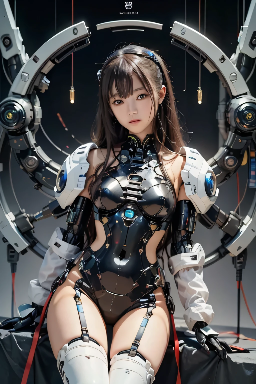 beste-Qualit、​masterpiece、The ultra-Highres、(Hphotorealistic:1.4)、Raw photo、女の子1人、Black hair、glowy skin、1 Sexy Mechanical Girl、((Ultra Realistic Detail))、portlate、globalillumination、Shadow、octan render、8K、ultrasharp、hugetits、Raw skin is  in cleavage、metals、Details of complex ornaments、Gothloli details、highly intricate detail、Realistic light、CGSoation Trends、purple-eyed、radiant eyes、Facing the camera、neon details、Mechanical limbs、blood vessels connected to tubes、Mechanical vertebrae attached to the back、mechanical cervical attaching to neck、sitting on、Wires and cables connecting to the head、steampunc、Gundam、Small LED lamp、