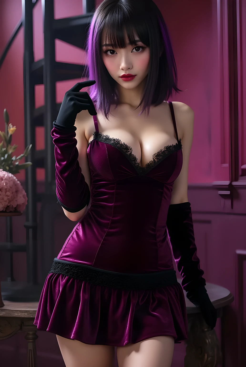 Upper-body, close-up.
She is a beautiful lewd Japanese woman.
Dark eyes, closed mouth, light red lips, black hair, purple highlights hair.
Glamorous body, medium breasts.
She is wearing a velvet fabric skirt dress, long velvet gloves.
Dimly lit Western-style mansion late at night, spiral staircase.
Mysterious wall of deep purple and red.
Sensual, tempting.
Very detailed images, vibrant colors, masterpiece, top quality.