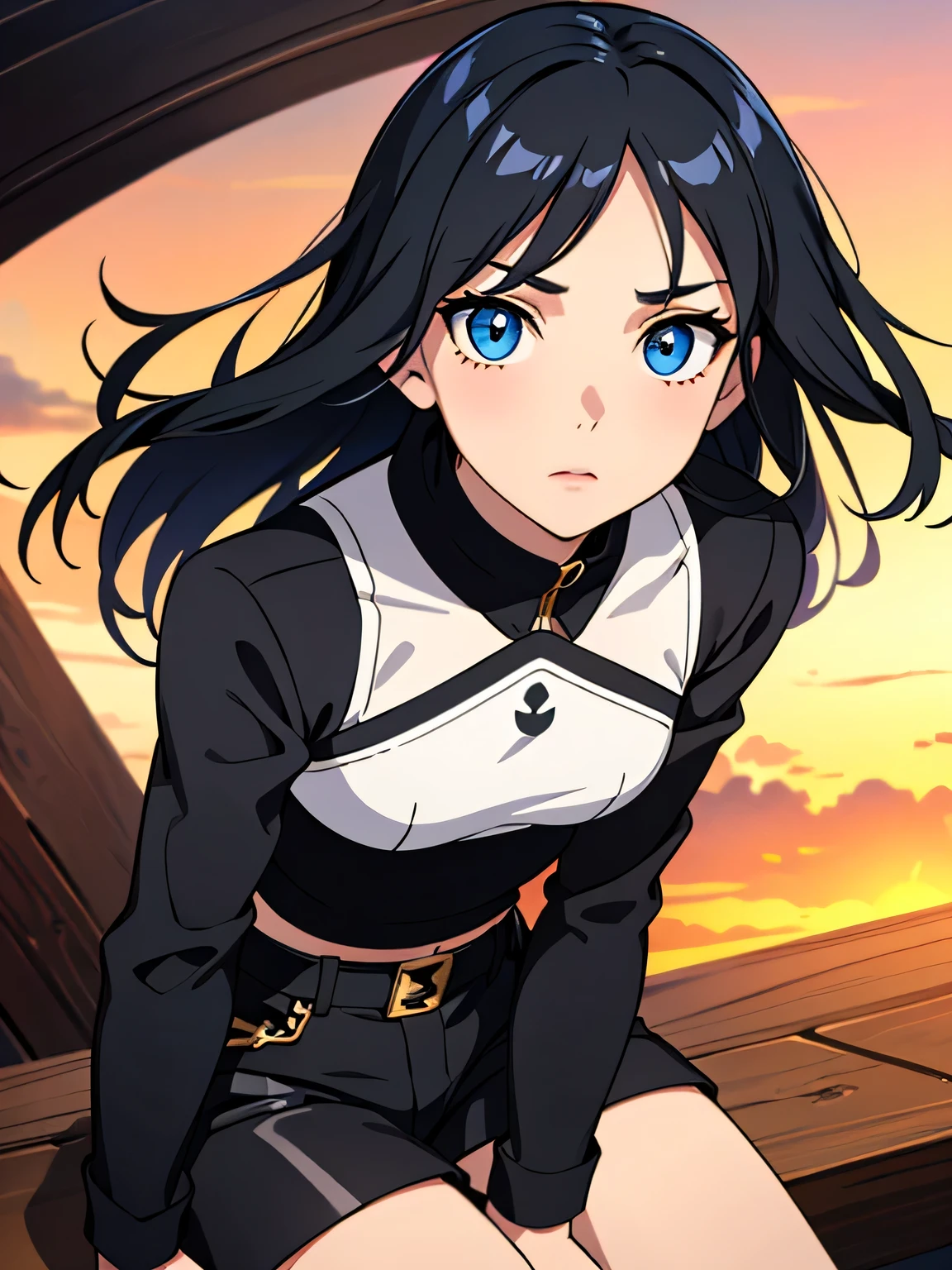 (high quality, breathtaking),(expressive eyes, wants her perfect face) portrait, 1 girl, woman, One, adult, Age 20, black hair, blue eye color, average hair length, I look at the viewer, half body, calm facial expression, fashionable clothes, height 4 "3, fantastic clothes, minimal outfit, black shorts, short, black top, light tanned skin, small bust , circles