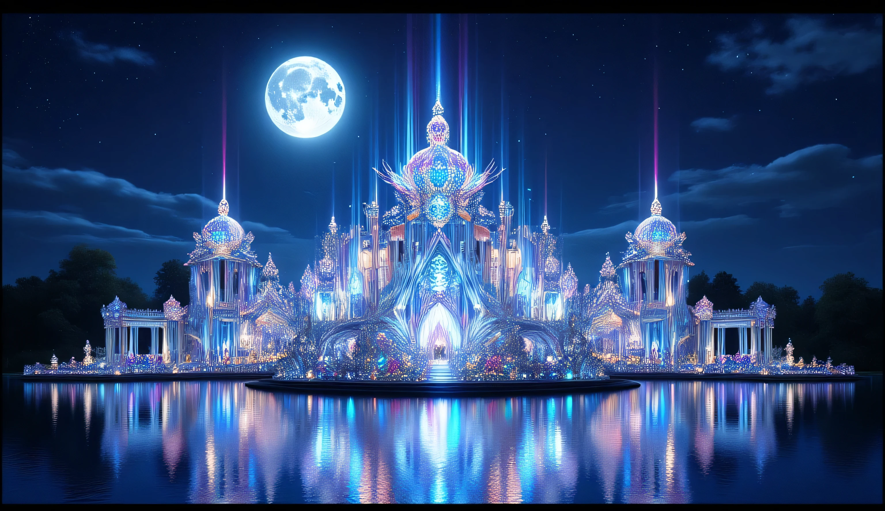 Crystal palace of boundless luxury sits atop a tiny island encircled by a glassy midnight lake. Massive arches, columns and domed rooftops are constructed from radiant crystal and lavishly festooned with brilliant gems. The full moon hangs high above, illuminating the palace and generating luminous, painterly reflections in the water below—ribbons of blue, purple, and diamond white shimmer across the lake as if the palace itself glows. No one in sight, only sparkling grandeur and magical quiet under a cosmic sky.