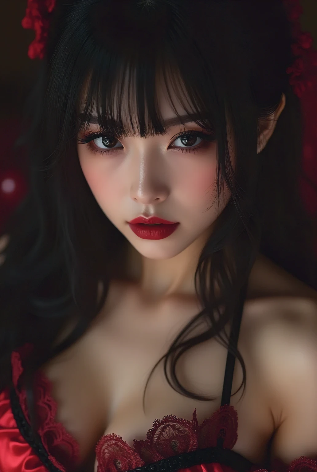 Face focus, close-up.
She is a beautiful lewd Japanese woman, looks like a intimidating, looking at viewer.
She has a wavy black hair, long bangs, highlights hair, dark eyes.
Makeup, eyeshadows, long upward-curved eyeliners, long false eyelashes, red lips, closed mouth.
She is wearing a very detailed gothic red and black dress.
Beauties skin.
Dark wall.
Sensual, tempting, dynamic pose.
Very detailed images, vibrant colors, chiaroscuro, masterpiece, top quality.