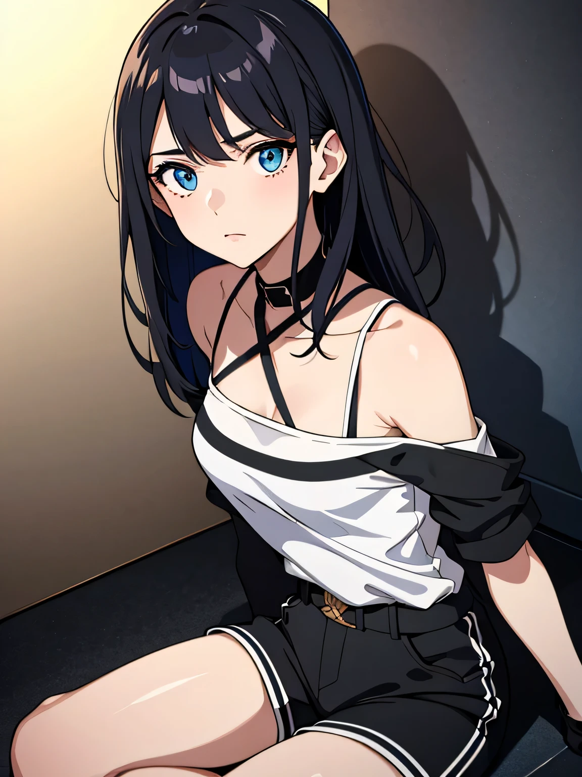 (high quality, breathtaking),(expressive eyes, wants her perfect face) portrait, 1 girl, woman, One, adult, Age 20, black hair, blue eye color, average hair length, I look at the viewer, half body, calm facial expression, fashionable clothes, height 4 "3, fantastic clothes, minimal outfit, black shorts, short, black top, light tanned skin, small bust , circles