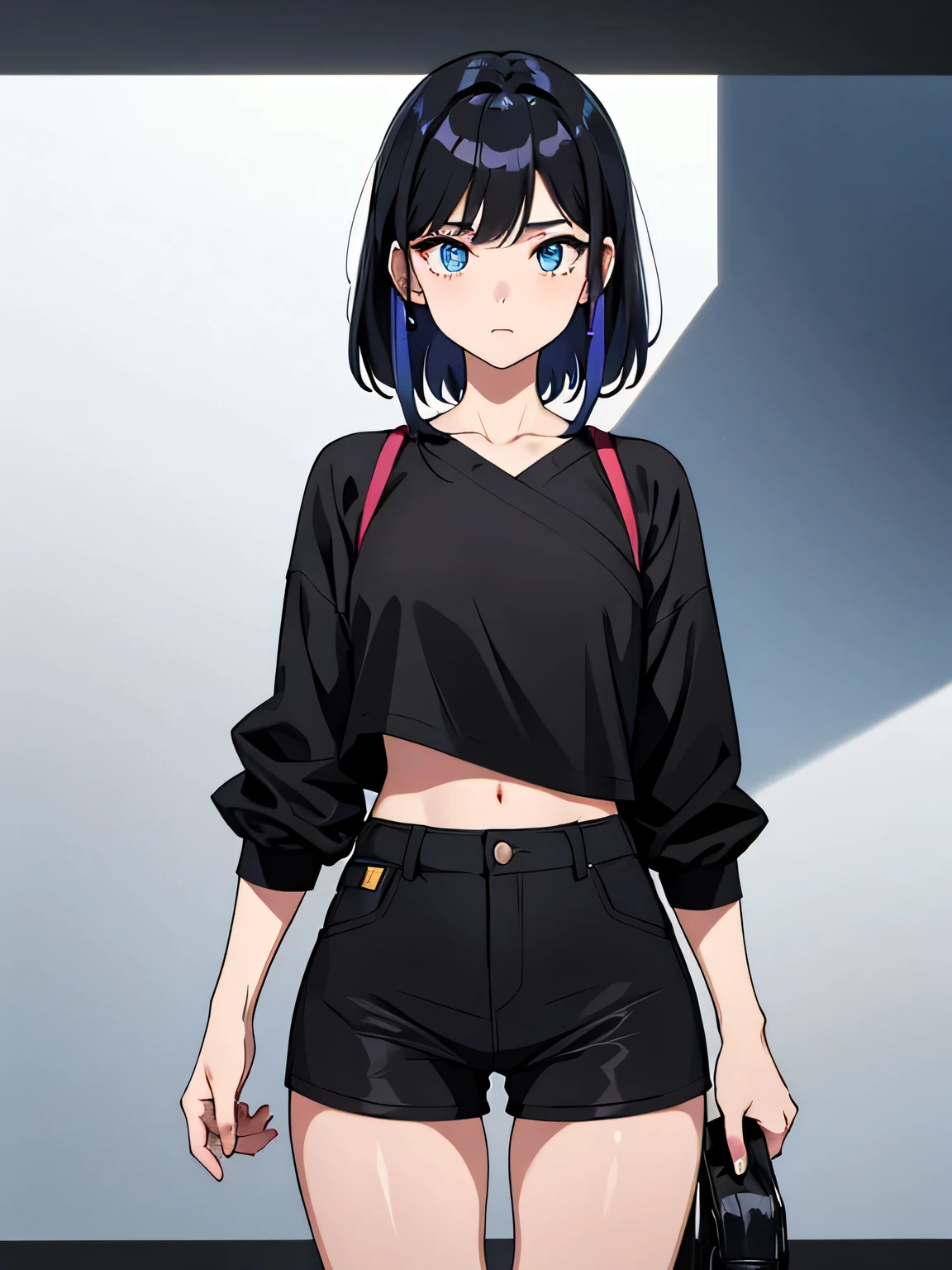 (high quality, breathtaking),(expressive eyes, wants her perfect face) portrait, 1 girl, woman, One, adult, Age 20, black hair, blue eye color, average hair length, I look at the viewer, half body, calm facial expression, fashionable clothes, height 4 "3, fantastic clothes, minimal outfit, black shorts, short, black top, light tanned skin, small bust , circles