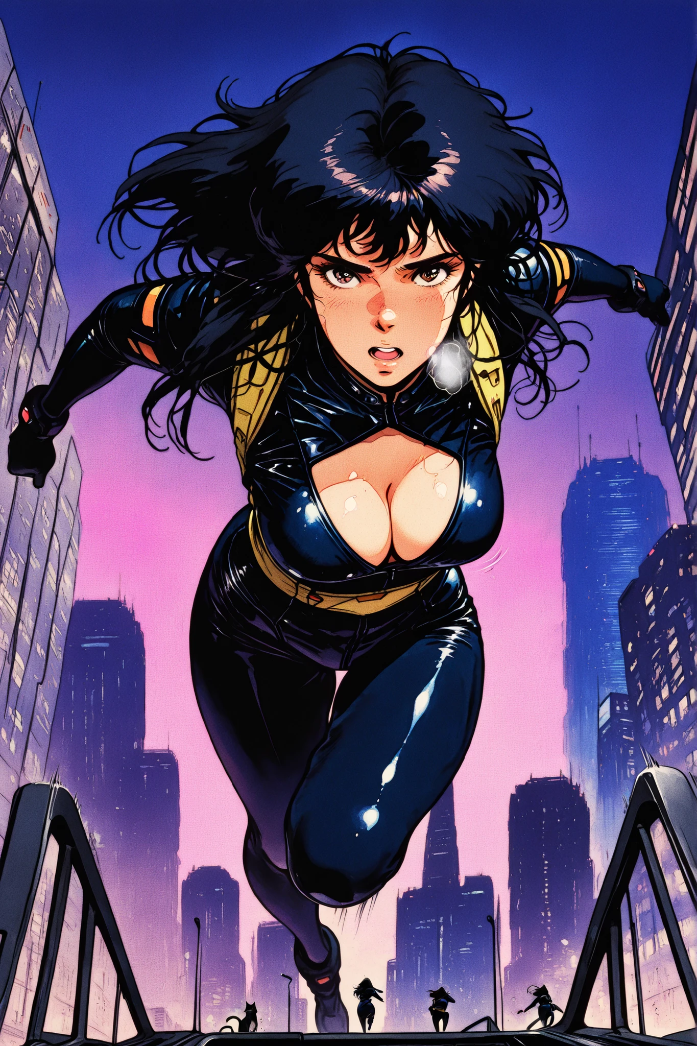 (masterpiece, High Quality, High Quality, so beautiful, Newest, detailed display,:1.2), retro artstyle,1980s (style), kisugi_hitomi\(cats_eye\), 1girl, frying jump, agent, Running through the sky, Dynamic Pose, futuristic clothes, black hair, long hair, brown eyes, black latex suit, black latex pants, strap, cleavage, yellow sash, anime coloring, motion lines, heavy breathing, Skyscrapers of the big city at night, Skyscraper rooftop, night view