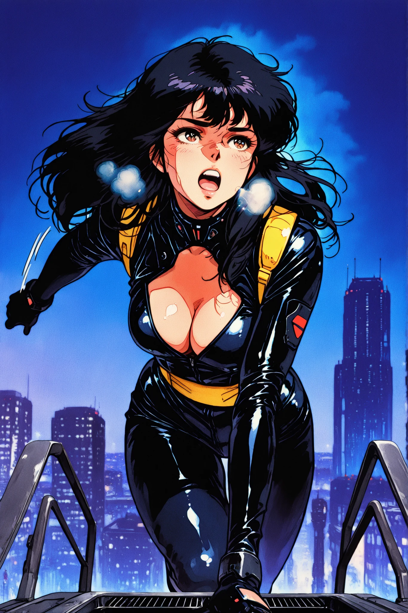 (masterpiece, High Quality, High Quality, so beautiful, Newest, detailed display,:1.2), retro artstyle,1980s (style), kisugi_hitomi\(cats_eye\), 1girl, frying jump, agent, Running through the sky, Dynamic Pose, futuristic clothes, black hair, long hair, brown eyes, black latex suit, black latex pants, strap, cleavage, yellow sash, anime coloring, motion lines, heavy breathing, Skyscrapers of the big city at night, Skyscraper rooftop, night view