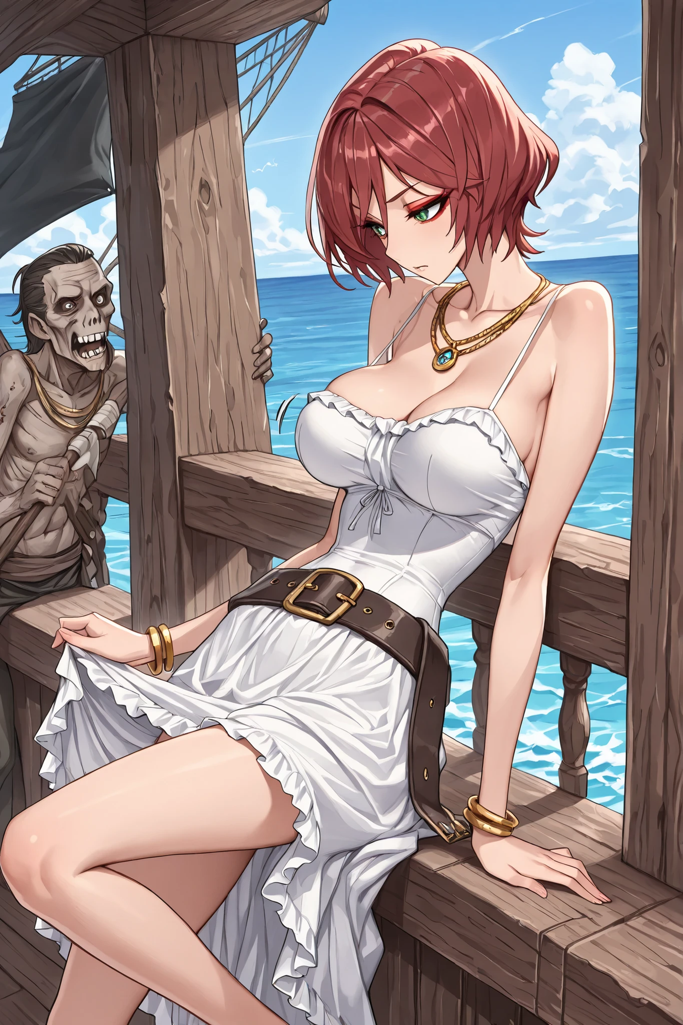 masterpiece, Best Quality,great quality, highest score , uncorrected,beingmadetofeellike It makes me feel like this doujin style illustration, short hair, 1 girl, dark red hair, bigger breasts,, green eyes, slender body, skinny, woman pirate, frilly white dress, wide belt gold bracelet, gold necklaces, gold jewelry, breast jiggle, dynamic angle, expressiveh, skirt up, big eyelashes,eyeliner, pirate, ocean, pushed-up breasts, red eyeshadow, (walk_the_plank), zombie men