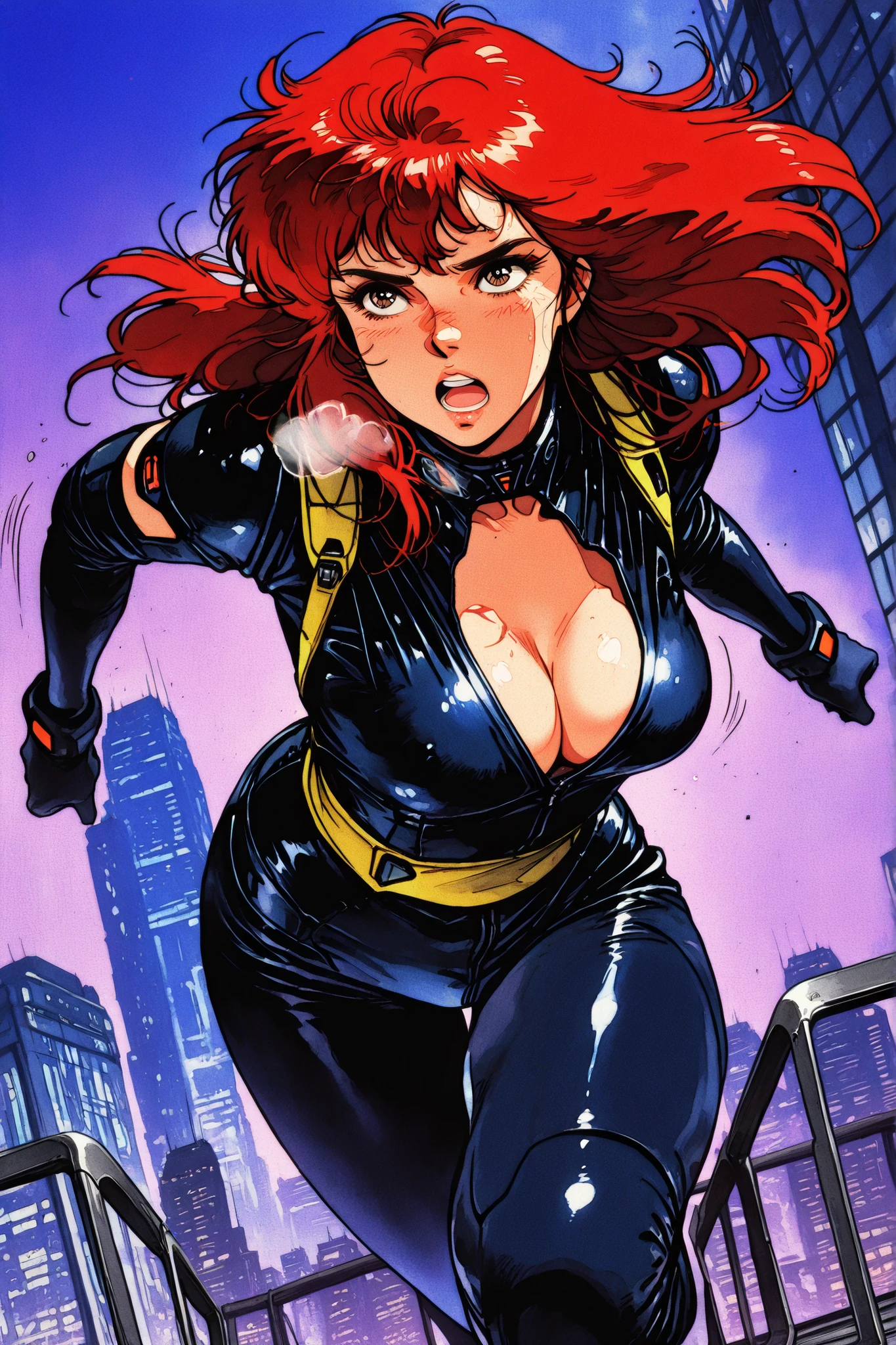 (masterpiece, High Quality, High Quality, so beautiful, Newest, detailed display,:1.2), retro artstyle,1980s (style), kisugi_hitomi\(cats_eye\), 1girl, frying jump, agent, Running through the sky, Dynamic Pose, futuristic clothes, red hair, long hair, brown eyes, black latex suit, black latex pants, strap, cleavage, yellow sash, anime coloring, motion lines, heavy breathing, Skyscrapers of the big city at night, Skyscraper rooftop, night view