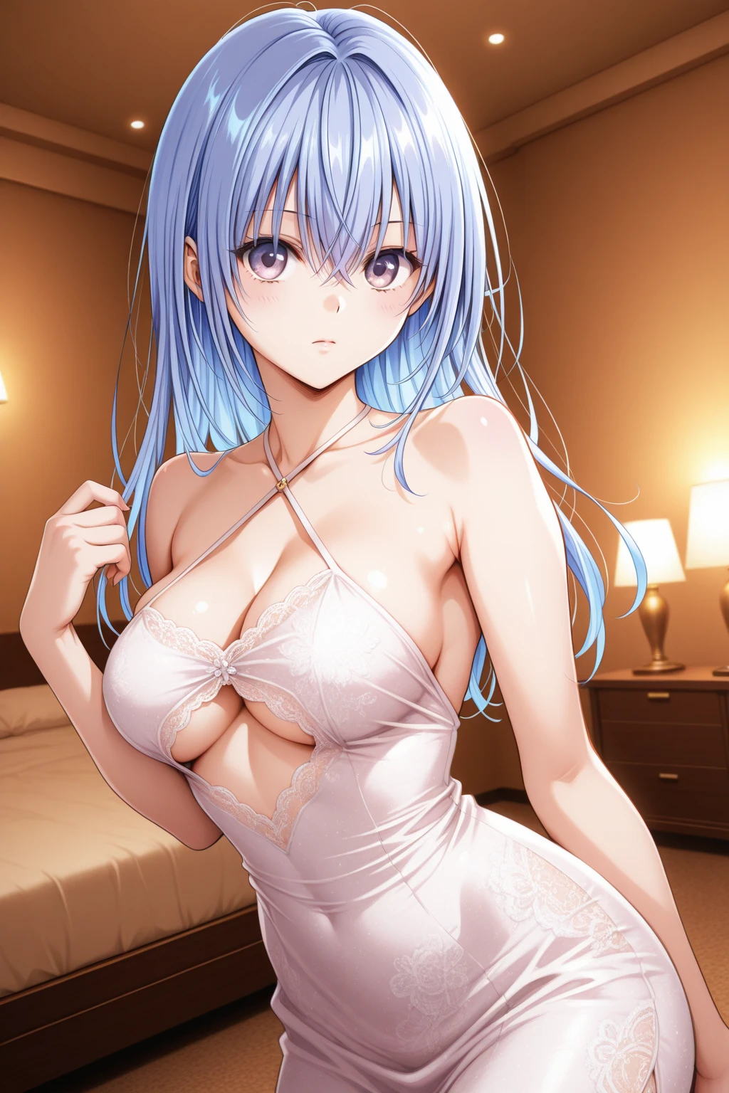 (best quality,masterpiece:1.3),absurdres,highres,32k, ultra high res, official art,illustration,extremely detailed , 1girl, solo, (on back:1.2), karin aoi, delicate linestailed face, (beautiful light blue hair:1.2), (shiny hair:1.2), (beautiful blue eyes:1.2), (shiny eyes:1.2), (large breasts), (completely :1.3), (gleaming skin:1.4), heavy breathing, blush, open mouth, tears, (torogao:1.3), (trembling:1.3), female , BREAK, , BREAK, (on bed:1.2),  (sweat:1.4), 