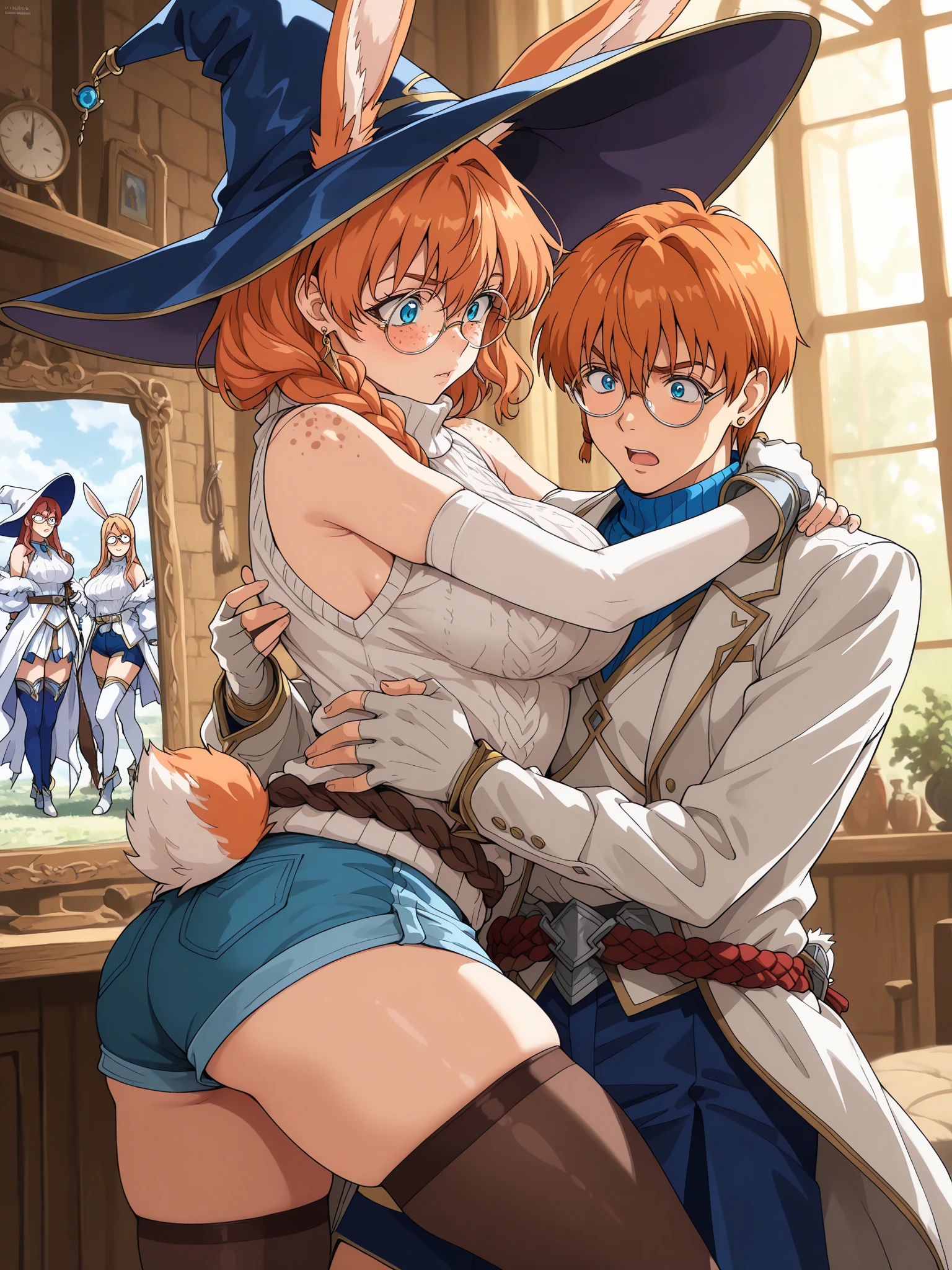 score_8_up, score_7_up, anime screencap, perfection, Lotte Jansson, 1 girl, sitting on bed, small natural breasts, witch academia uniform, glasses, white socks, smiling, , blushing, shy, on fours, 1 boy around, , boy  with erected , boy lick girl  with tongue,  side view,