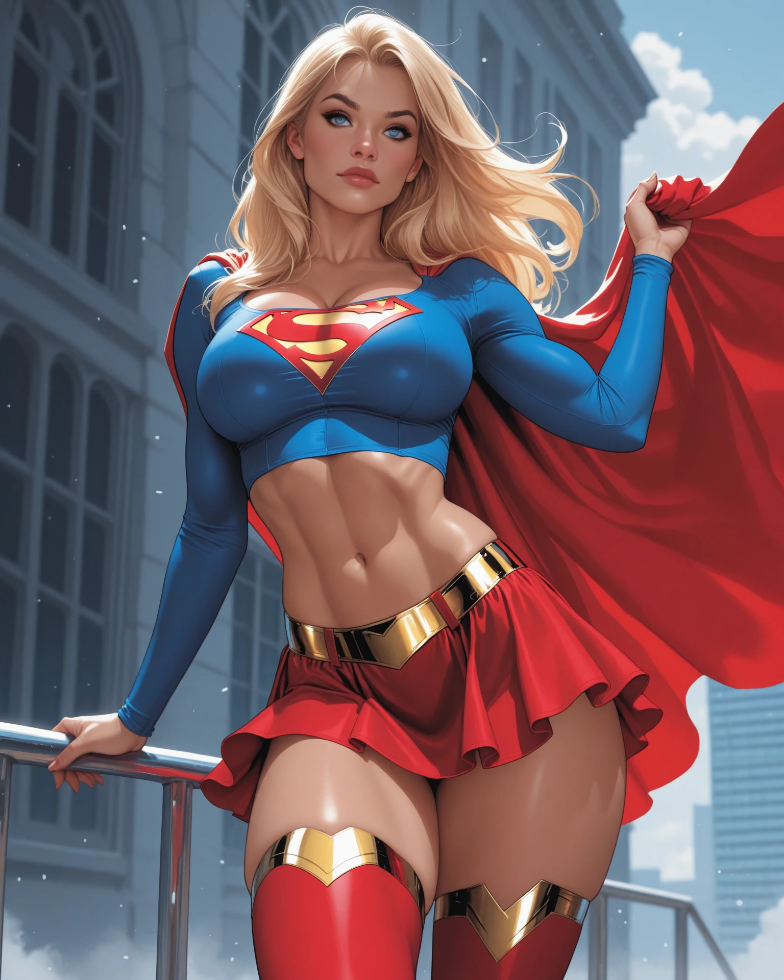 (cowboy shot), SFW, (work-premium), (Best quality: 1.0), (ultra-high resolution: 1. 0), detailed eyes, eyes closed, QUEBRAR Supergirl, 1 girl, Long blonde hair, Not with, Flying Headband, short top, short sleeves, cape, blue pencil skirt, white gloves, QUEBRAR red Boots (clouds, ruined city, apocalyptic post-sight) in exotic and sensual pose, six pack, abs, (((blood on the abdomen))), ((((Bruises on the abdomen))), ((full body)), (lying down, knocked out, lying on the floor)
