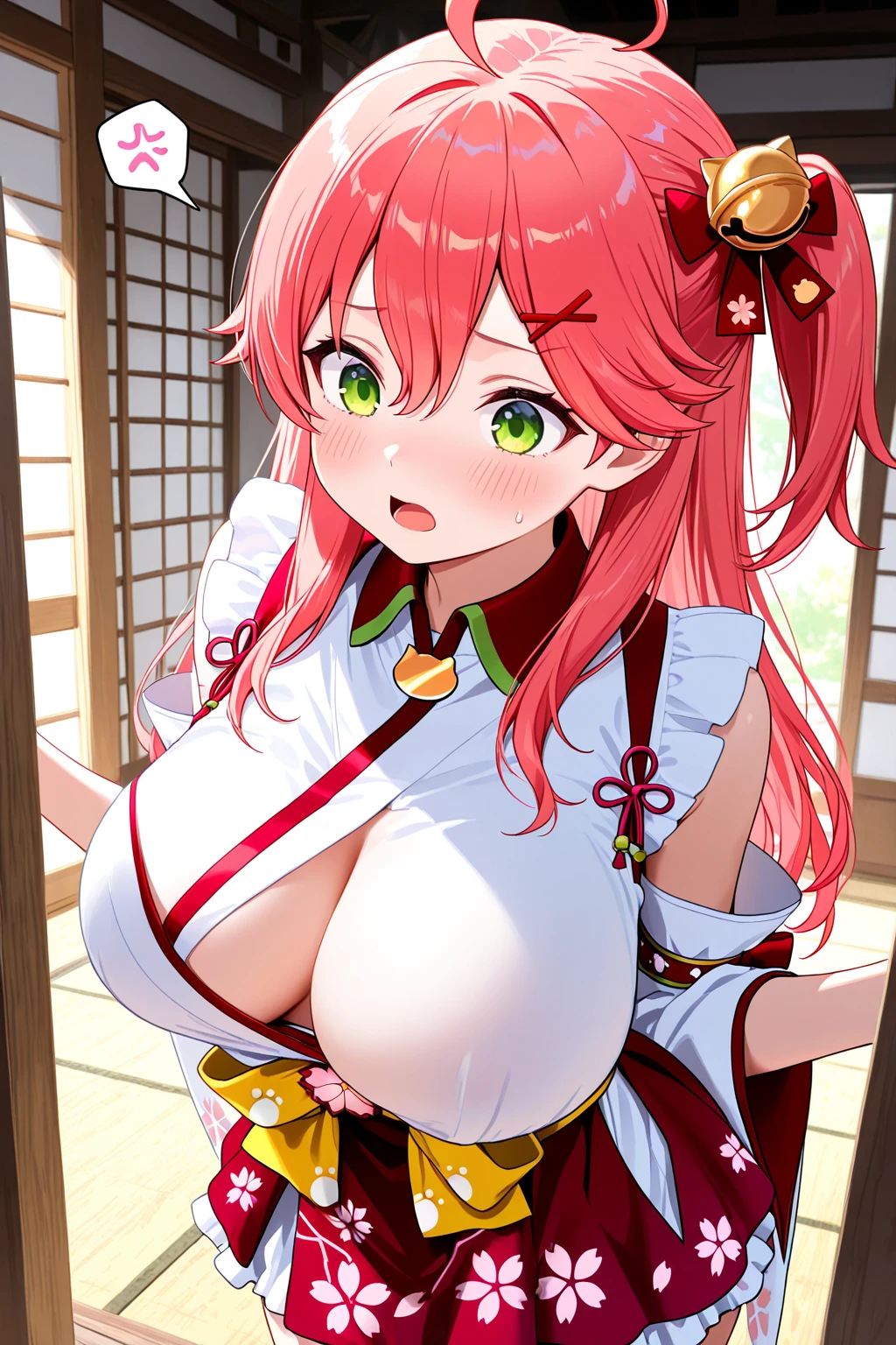 ((woman,huge breasts, (huge breasts:1.8),とても唇が赤いhuge breastsを強調,big ass,thin waist,long legs,green eyes立っている)) 8k((((anime style),(Good at drawing faces))))8k(((((anime style)green eyes)))) 8k((Standing at the station))8k((Waiting for a train at the station))8k((early morning))8k((beautiful woman))((学生blazer15歳学生服 緑のネクタイ, blazer, pleated skirt))8k(((((spring,cherry blossoms,The wind is blowing,the skirt is turned up,cherry blossomsが散っている:1.3)))))(Good at drawing faces)