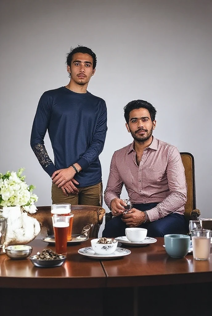 a 40-year-old man, , brown eyes and hair, 95kg, full body, Staff in the background , realistic, ultra-detailed, vivid colors, professional lighting, portrait, In a cafe, distracted photo 