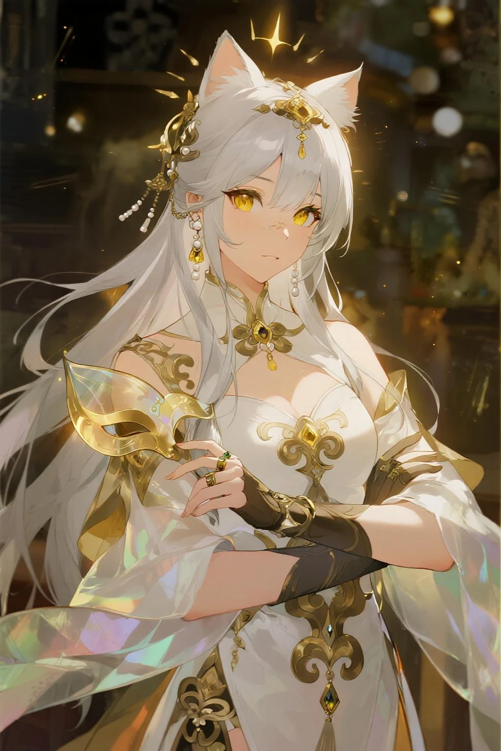 ((, Masterpiece: 1.5, best quality, high resolution: 1.3, super resolution, super detailed, ultra detailed: 1.3, Perfect :1.5, 1 woman ) dark skin + white hair + yellow eyes + long eyelashes + female figure + freckled cheeks (long dress with moderately  fabric at the ends, delicate accessories, long fingerless gloves, white clothing with gold details) ((adorable open eyes, friendly cute expression, sparkle in eyes))
