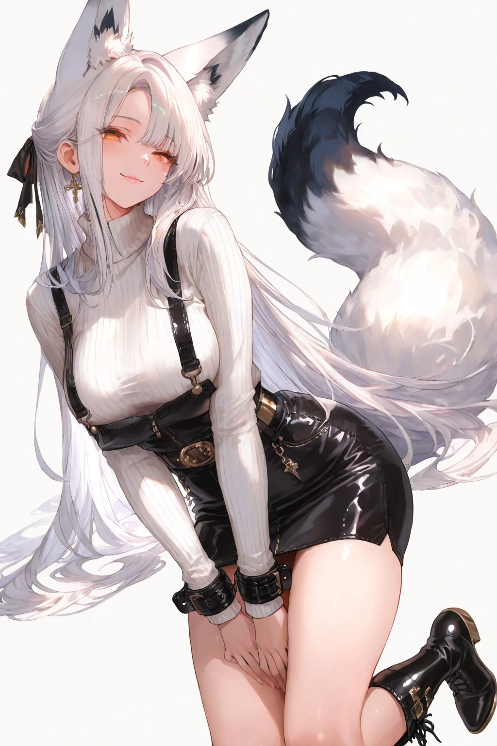 Masterpiece, Super high-quality computer graphics, Best quality, perfect image, beautiful eye details, very detailed, ultra detailed, one, (1 woman), She in a white shirt, black jeans and in an elegant pose, super mature, tall, mom, mature mother, super long hair, bright white hair and bangs on the sides, white wolf ears, beautiful, charming, bright blue eyes, elegant, ???????????, cheerful ???????, ??????? smile, charming, dark background, daring atmosphere against the background of nature and forest.