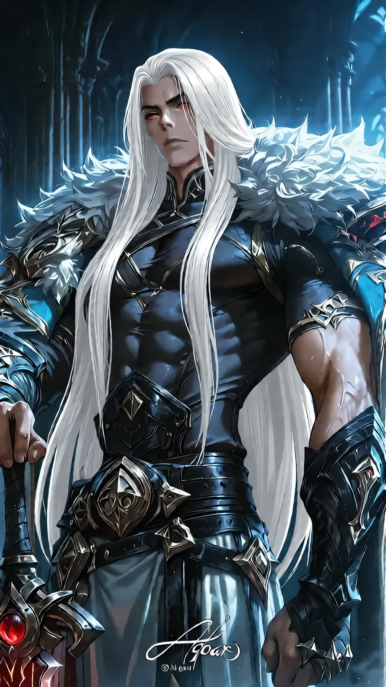 A woman with Nordic features with long black hair wearing a black  and an overcoat and with a futuristic pistol in each hand next to a muscular man with Nordic features two meters tall and blond hair,  and with various animal tattoos scattered all over his body wearing black pants. --auto --s2