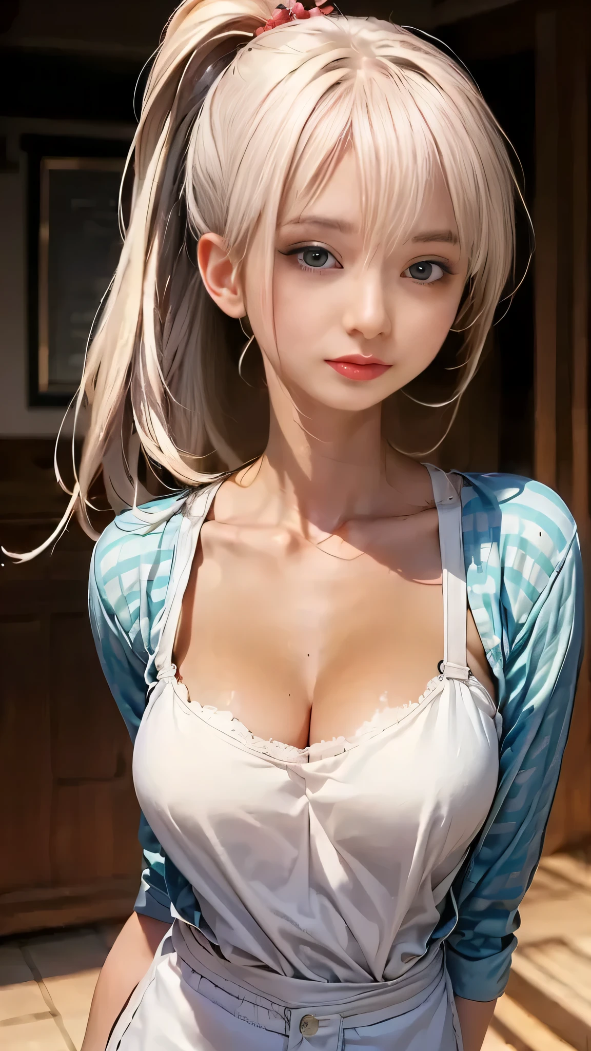 best image quality、Raw photo、Super high resolution、18 year old Japanese、???????????:1.5、cleavage:1.5、),Healthy complexion、glossy white skin、 ????? girl,ランダムな色のbeautiful eyes、very thin lips、beautiful eyes、drawn in detail、elongated eyes、light pink blush、long eyelashes、beautiful double eyelids、eye shadow、earrings、beautiful skin、healthy skin、white dress shirt１I don't wear pants or pants.,  No panties, , Thigh to face closeup, shot from below, very white skin, very long hair, wavy hair, blonde hair, garden, sunrise, realistic, indirect lighting, volume light, ray tracing, very detailed, highest quality, ultra high resolution, HDR, 8K